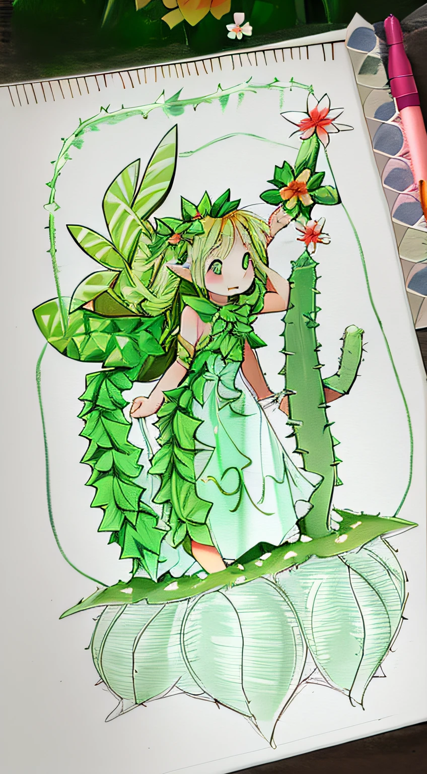 DRAWING OF A SAND FAIRY WITH BEAUTIFUL BROWN DRESS AND WINGS NEAR A CACTUS  IN THE DESERT