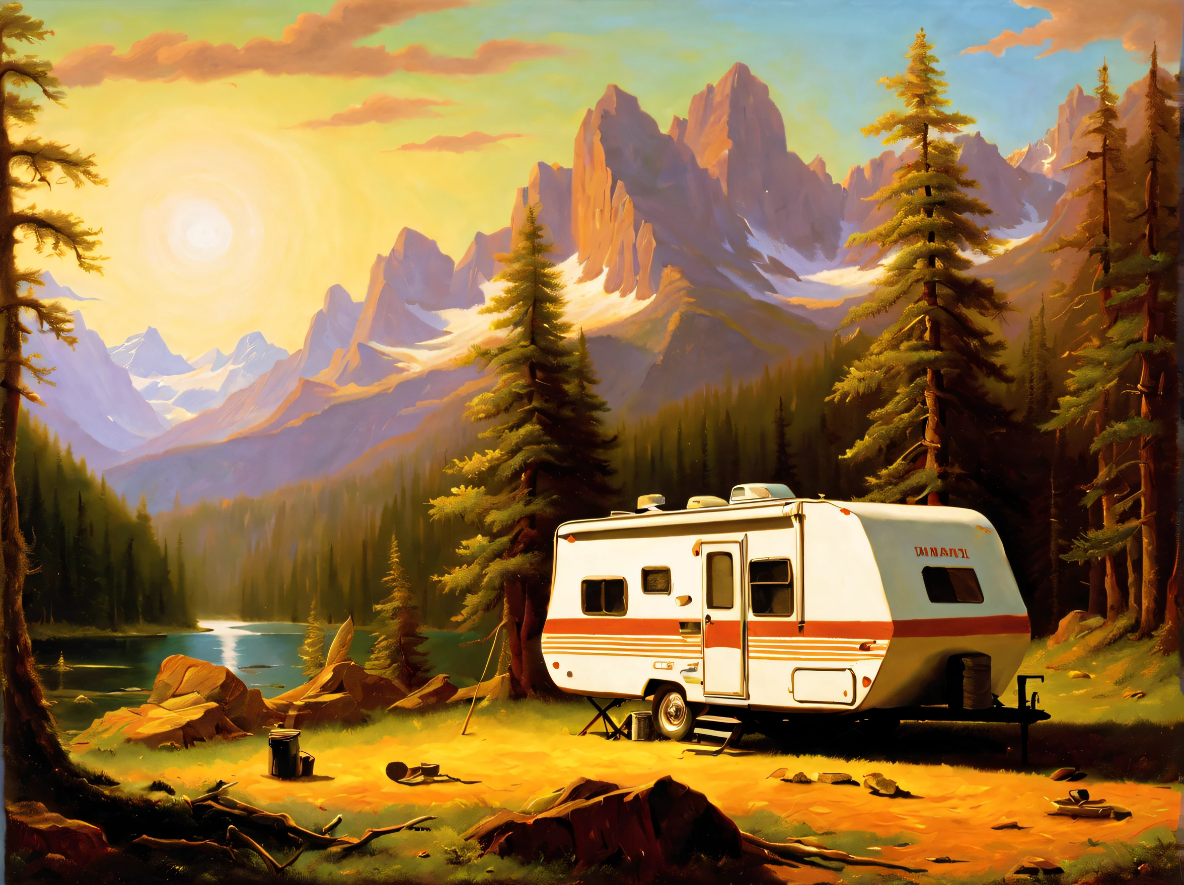 RV camping，Pop art，Albert Bierstadt，Great outdoor activities，Close-up shot，prime time，