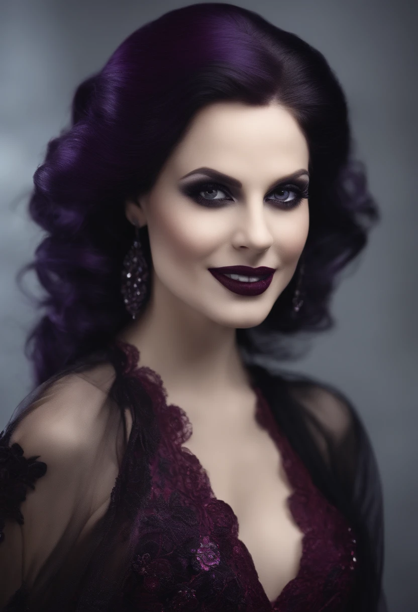 (Vampiro), pale woman, cabelo preto, Olhos vermelhos,Vestido roxo (curto), sorriso a mostra