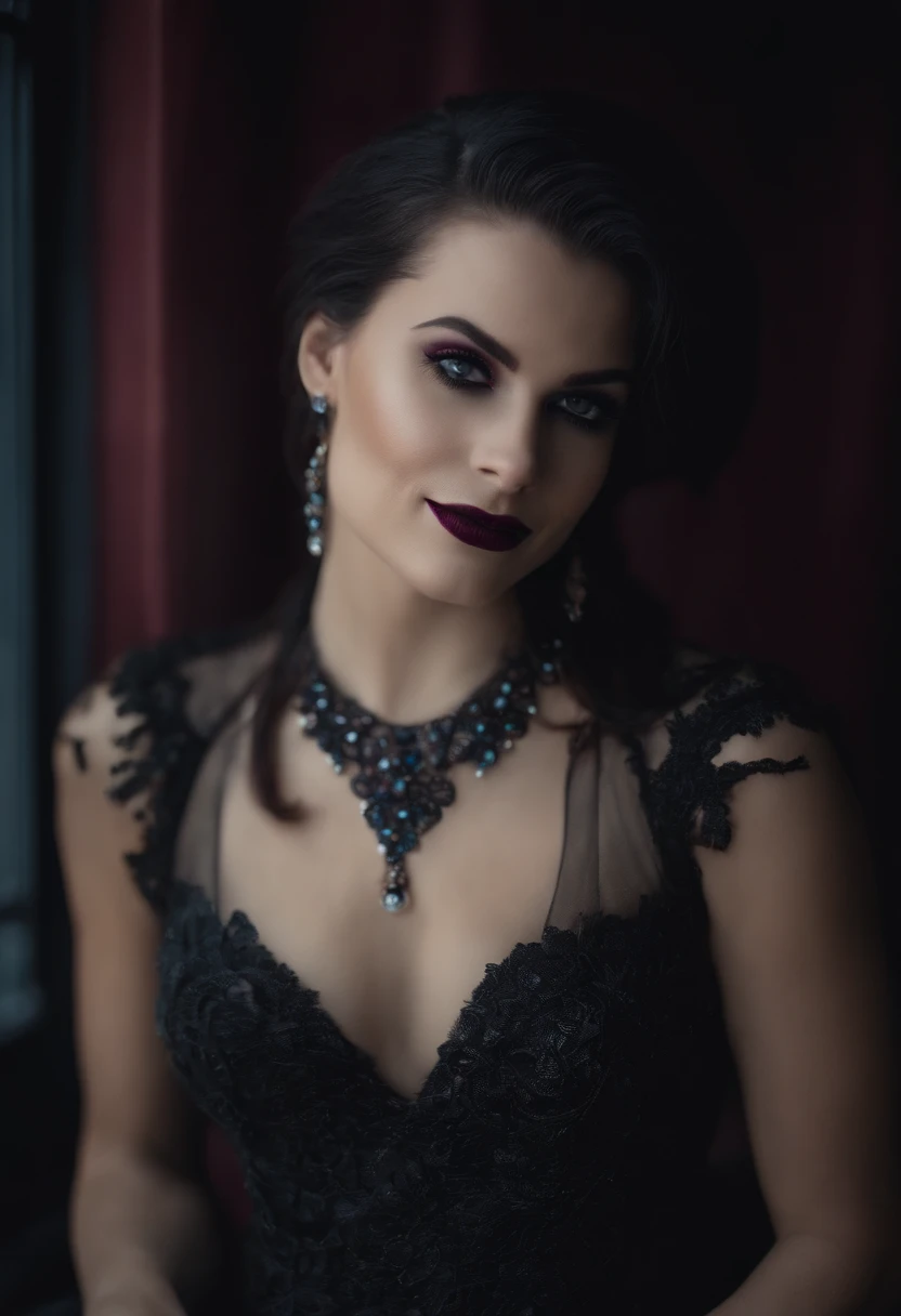 (Vampiro), pale woman, cabelo preto, Olhos vermelhos,Vestido roxo (curto), sorriso a mostra