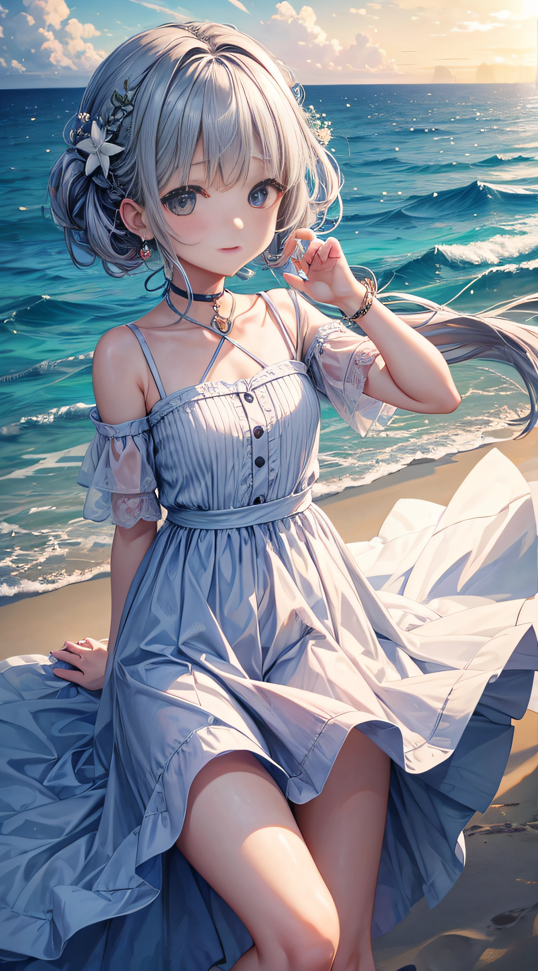 cute little、The background is the sea、masterpiece、Beautiful clothes、with light glowing、ren、simple、Screw、年轻