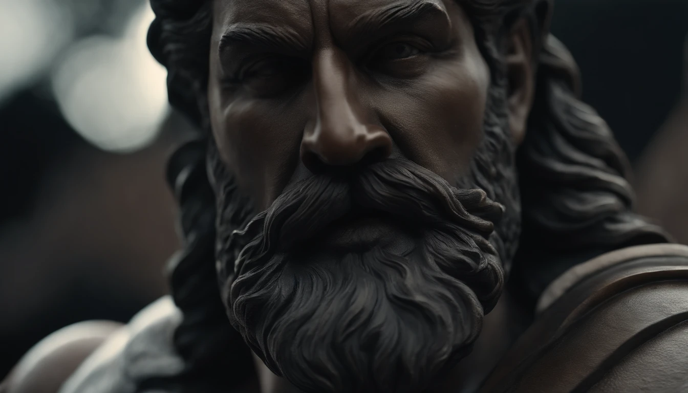 close up of a statue of a man with a beard, a statue inspired by Exekias, featured on zbrush central, digital art, statue of hercules looking angry, muscular character, realistic 8k bernini sculpture