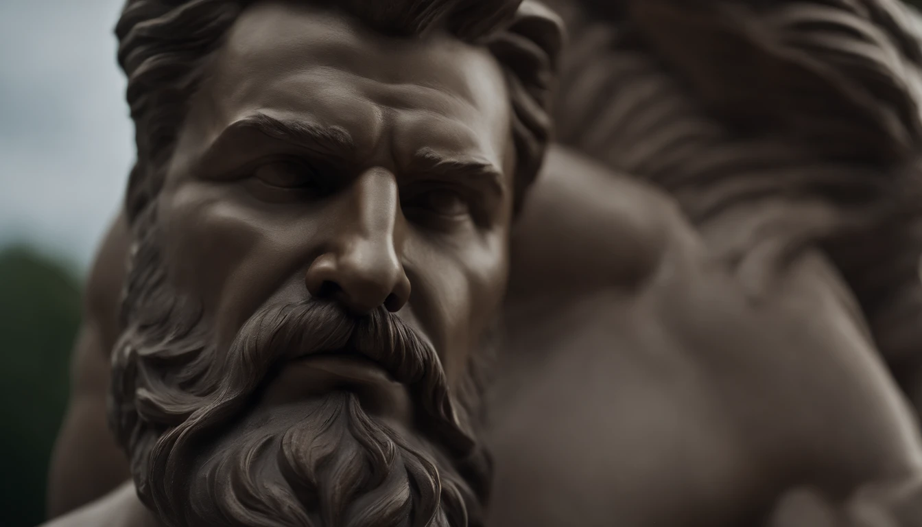 close up of a statue of a man with a beard, a statue inspired by Exekias, featured on zbrush central, digital art, statue of hercules looking angry, muscular character, realistic 8k bernini sculpture
