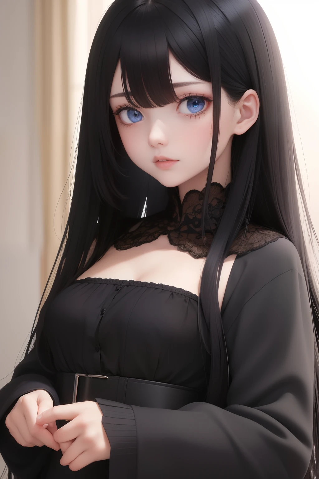 best quality, masterpiece, black hair, blue eyes, looking up, upper body
