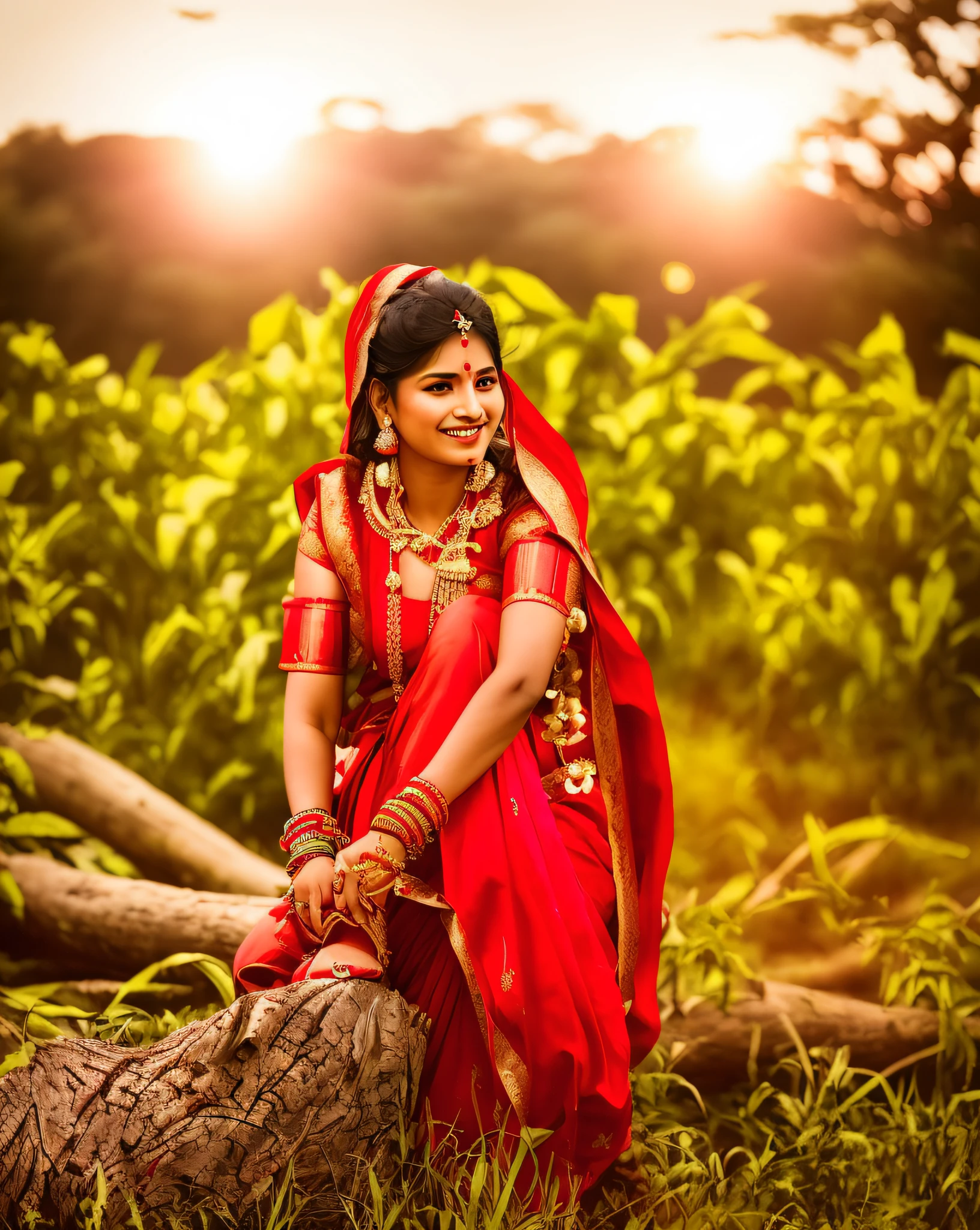 arafed woman in a red sari sitting on a log in a field, traditional beauty, traditional photography, candid photography, dramatic smile pose intricate, traditional, traditional clothing, traditional clothes, very beautiful enga style, indian style, with a beautifull smile, traditional dress, candid picture, indian, photo taken with nikon d 7 5 0