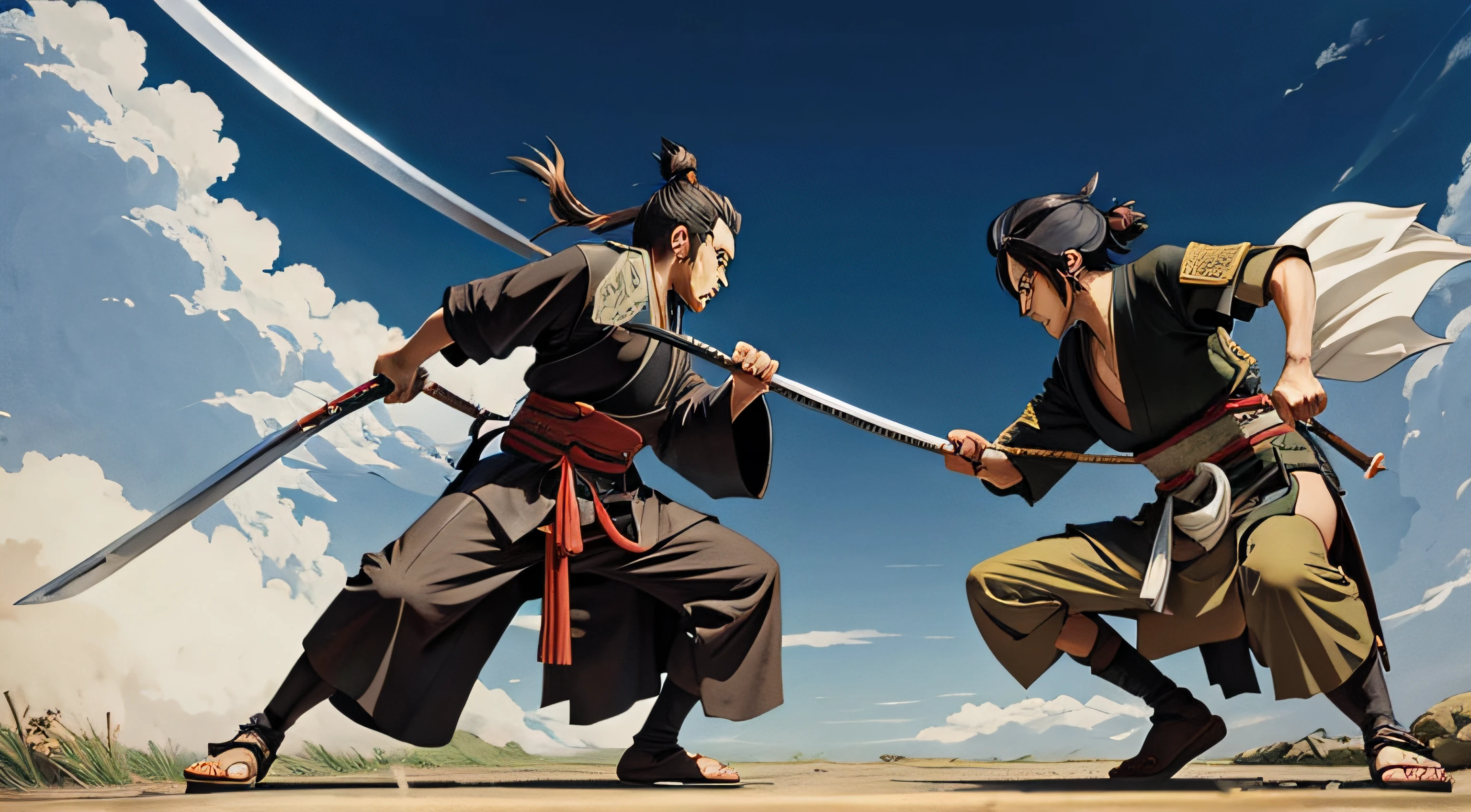 Miyamoto Musashi in a sword battle, manga style drawing, Studio Ghibli
