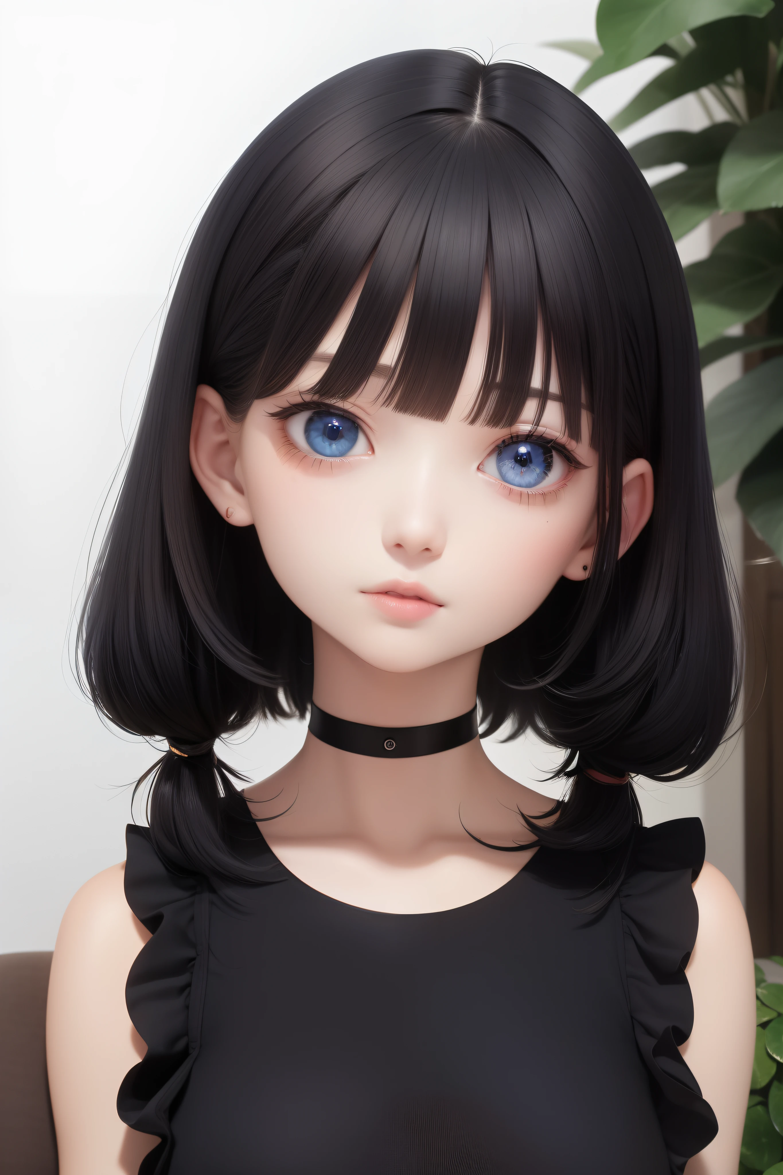 best quality masterpiece black hair blue eyes look up upper body
