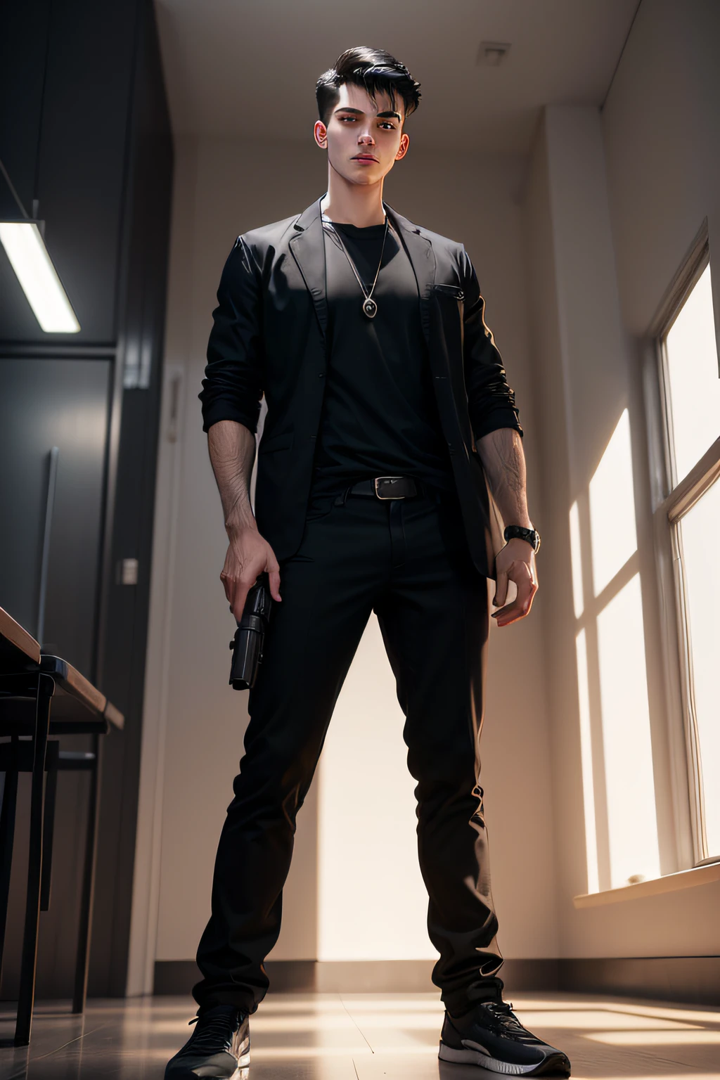 23-year-old Caucasian man with a height of 1.75 meters. He has short, black hair. Additionally, he sports a short beard. He is a scientist who wears a black shirt and black pants under a white lab coat. A noticeable burn scar graces his left hand. He is standing with black shoes holding a gun