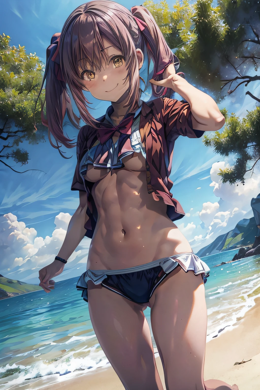 1 girl, only girl, solo, ichika, ((ichika amasawa)), hair a little longer, mangita-colored hair, pigtails, ((very short bikini))), barefoot, red ribbons in her hair, yellow eyes, good anatomy, 2 perfect hands, 2 (((perfect and muscular legs))), slim waist, abdomen, muscular, Looking at viewer, smile, standing, full body photo, on the beach