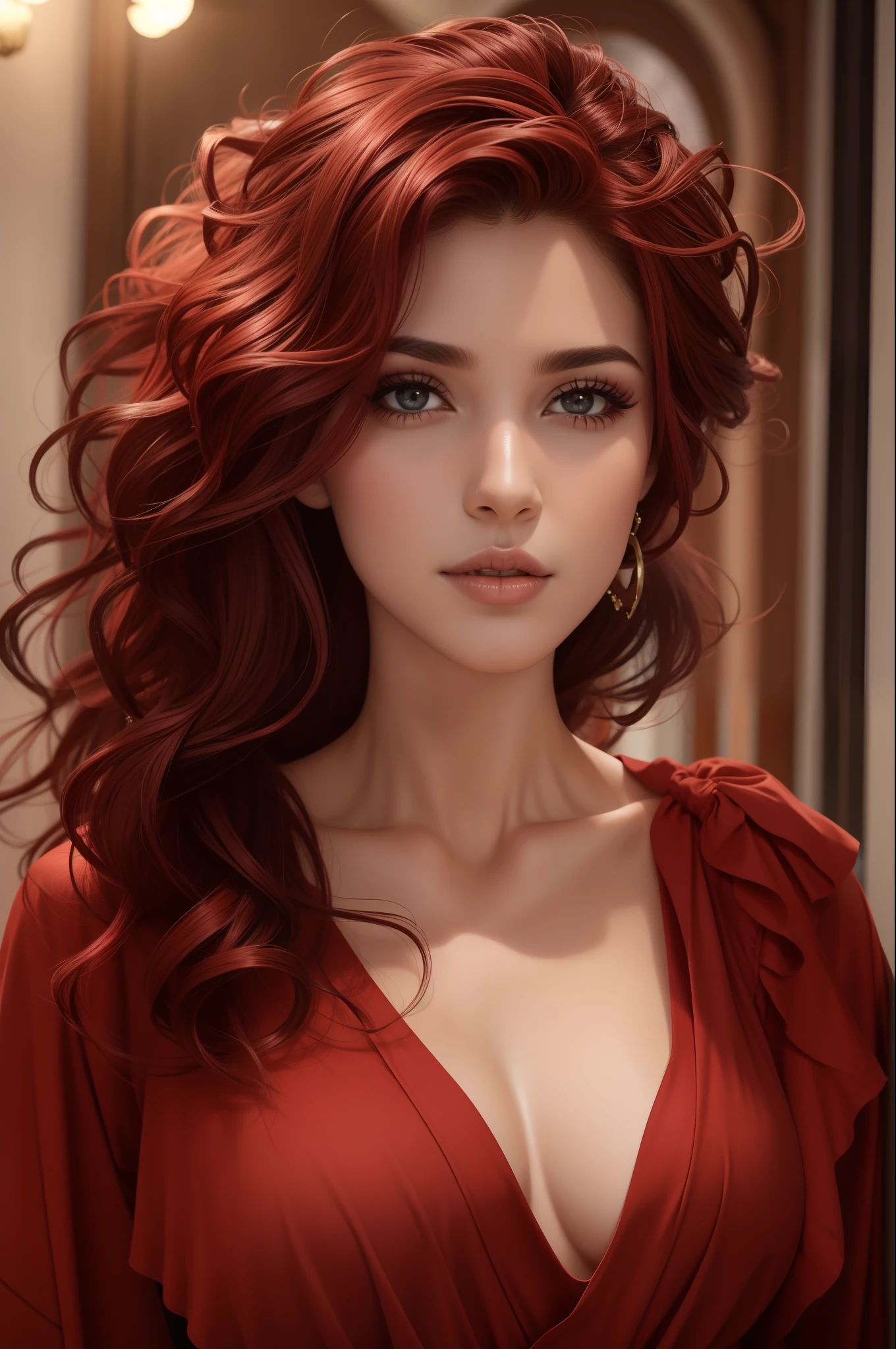 Mulher de cabelo vermelho com olhos vermelhos