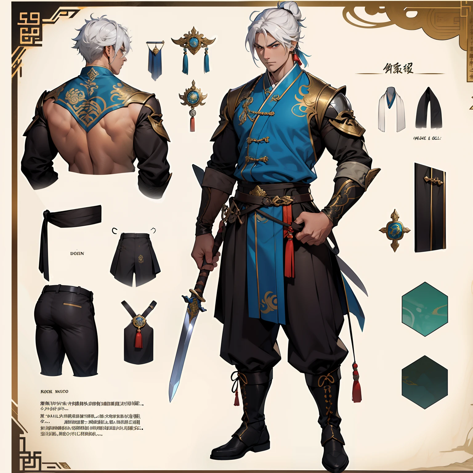 Character sheet, Handsome male. Perfect face, 6 ft 5 tall man ,white hair. Long hair. Gray eyes. Eyepatch. Earrings. Toned body. Muscular male, character design sheet,full bodyesbian, Full of details, body front view, body back view Full body, front and back view, Traditional chinese clothes. Genshin Impact. Bulge in pants. Sword ,Liyue,**Nome:** **Liang Xun**
**Elemental Vision:** water
**Physical description:**
Liang Xun is an imposing man, com uma estatura alta e musculosa. His broad shoulders and strong arms bear witness to years of training and battles. Your skin is tanned by the sun, and his calloused hands tell stories of past adventures. Ele tem olhos profundos e penetrantes, que parecem absorver cada detalhe do mundo ao seu redor. Her white hair is tied up in a stripped bun, permitindo que algumas mechas caiam sobre sua testa.
**Vestimenta:**
Liang Xun veste roupas tradicionais chinesas, inspiradas nas vestimentas dos personagens de Genshin Impact. He wears an blue silk tunic with gold embroidery on the sleeves and collar. The tunic is fastened by a wide brown leather belt, que acentua sua cintura forte. His pants are baggy and also silk, in the same color as the tunic. He wears sturdy leather boots, Ideal for long mountain hikes or cave explorations.
**Equipamento:**
Liang Xun carries a straight-bladed longsword, com uma empunhadura ornamentada em jade verde. The blade shimmers in the sunlight, indicando sua qualidade excepcional. It also has a leather backpack where it keeps essential supplies for your travels: comida seca, Water Bottles, medicinal herbs and a small book with notes about the elements and creatures he encounters.