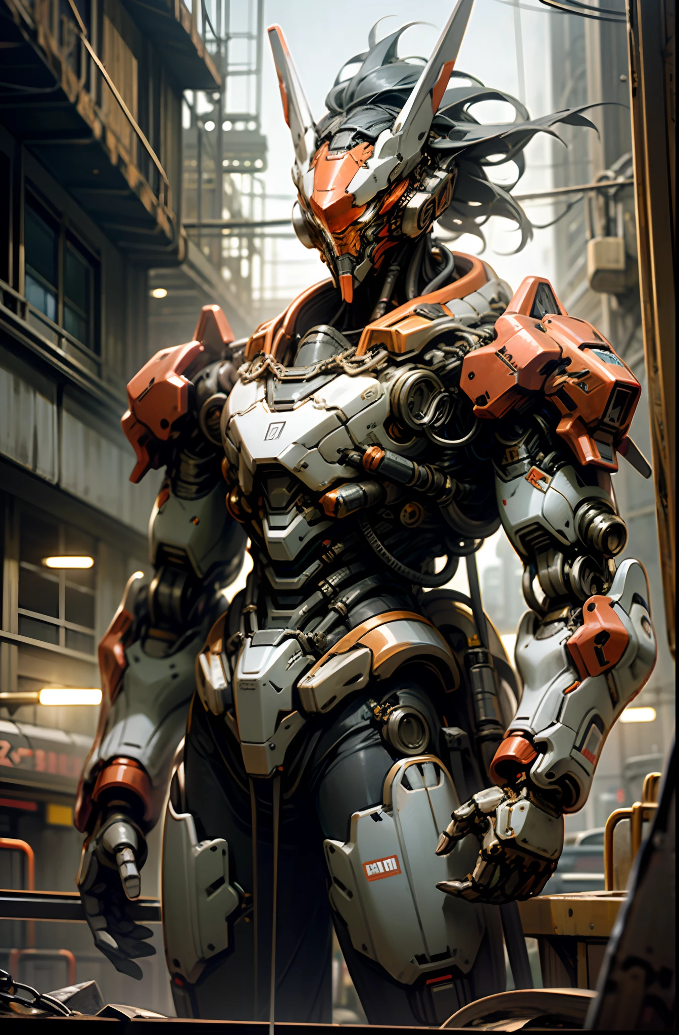 Dark_Fantasy,Cyberpunk,(chain saw,chain saw man,Red:1.1),1man,Mechanical marvel,Robotic presence,Cybernetic guardian, wearing a worn-out mech suit, intricate, (steel metal [rusty]), elegant, clear focus, shot by greg rutkowski, soft lighting, vibrant colors, masterpiece, ((street)), cowboy shot, dynamic pose,