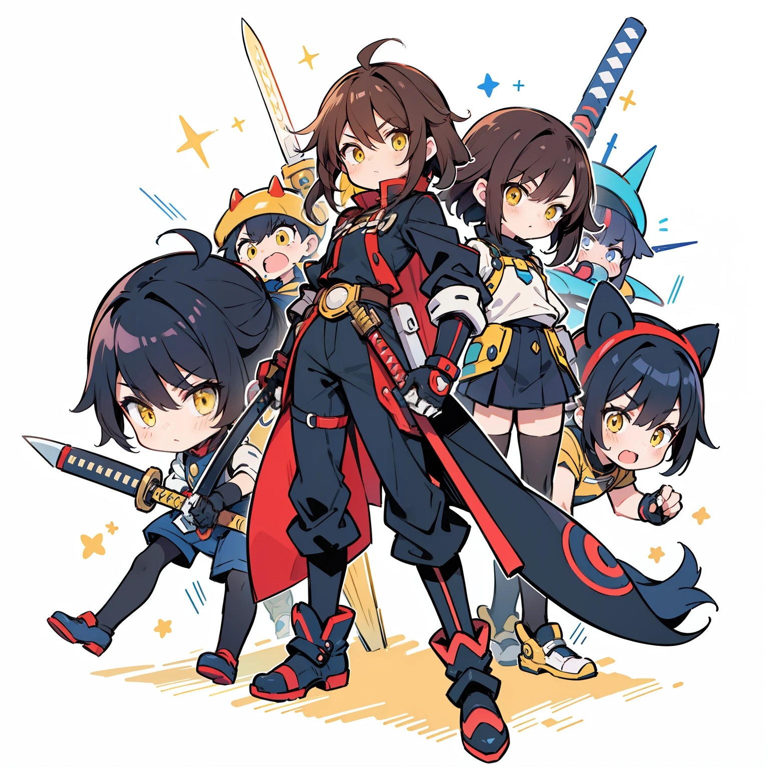 Character similar to the protagonist touta of uqholder with the art style of the game megaman zero with a mechanical arm holding a katana with yellow details, The character has medium-sized dark hair and yellow eyes, usa uma roupa semelhante ao modelo ZX do jogo Megaman ZX, mas sem o capacete e com as cores amarelas;, black and white and has electric power, fundo escuro