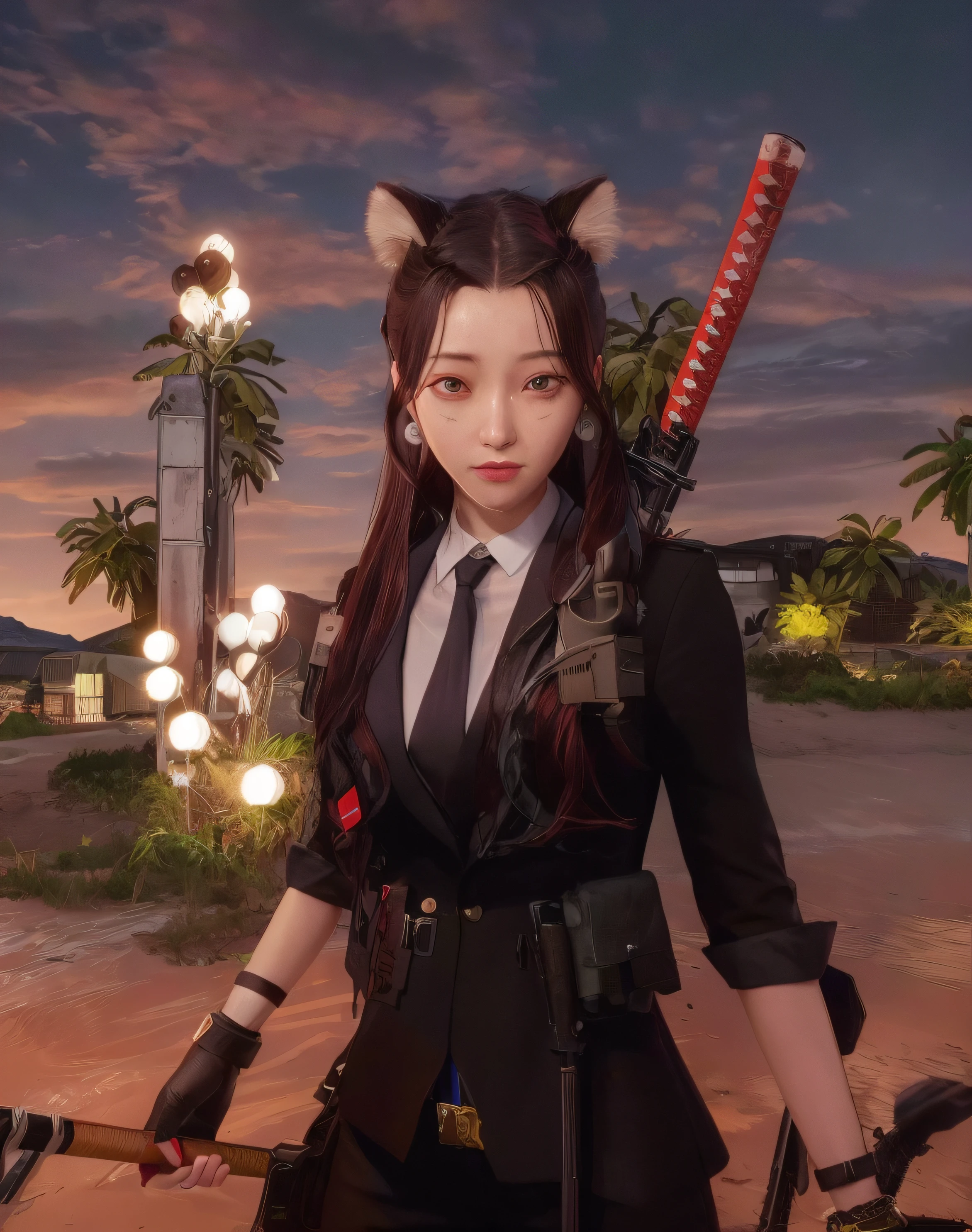 there is a woman in a suit holding a baseball bat, ingame image, m4 sopmod ii girls frontline, girls frontline style, female character, in-game, in - game, katana zero video game character, fine details. girls frontline, in game, from girls frontline, attractive cat girl, from ncsoft, ingame, girls frontline universe