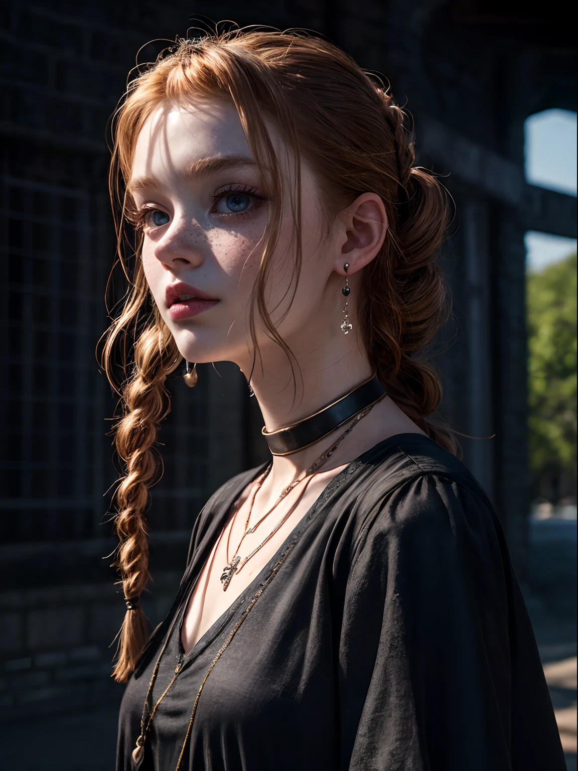 sadie sink, in la bete movie, by Walerian Borowczyk, erotic, 1girl, blue_eyes, blurry, blurry_background, braid, choker, depth_of_field, dress, earrings, eyelashes, freckles, hair_over_shoulder, jewelry, lips, long_hair, long_sleeves, looking_at_viewer, necklace, pendant, puffy_long_sleeves, puffy_sleeves, realistic, single_braid, solo, twin_braids, upper_body