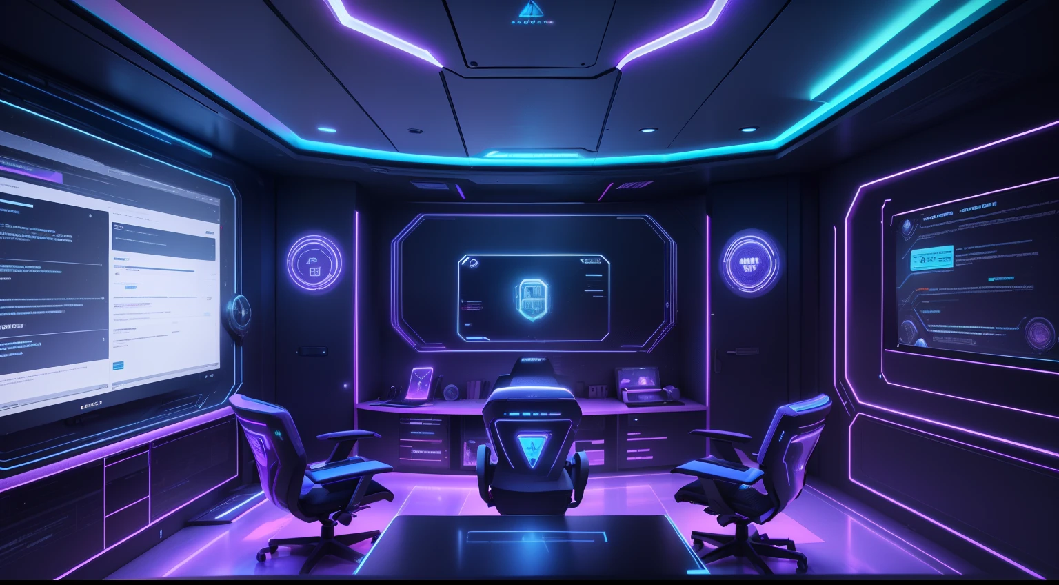 interior de uma sala com servidores, ambiente de trabalho hacker futurista, sem conforto, (holographic screens with codes) . The space is futuristic and filled with gadgets and technological tools, That are scattered everywhere. luzes neon coloridas, Cyberpunk.