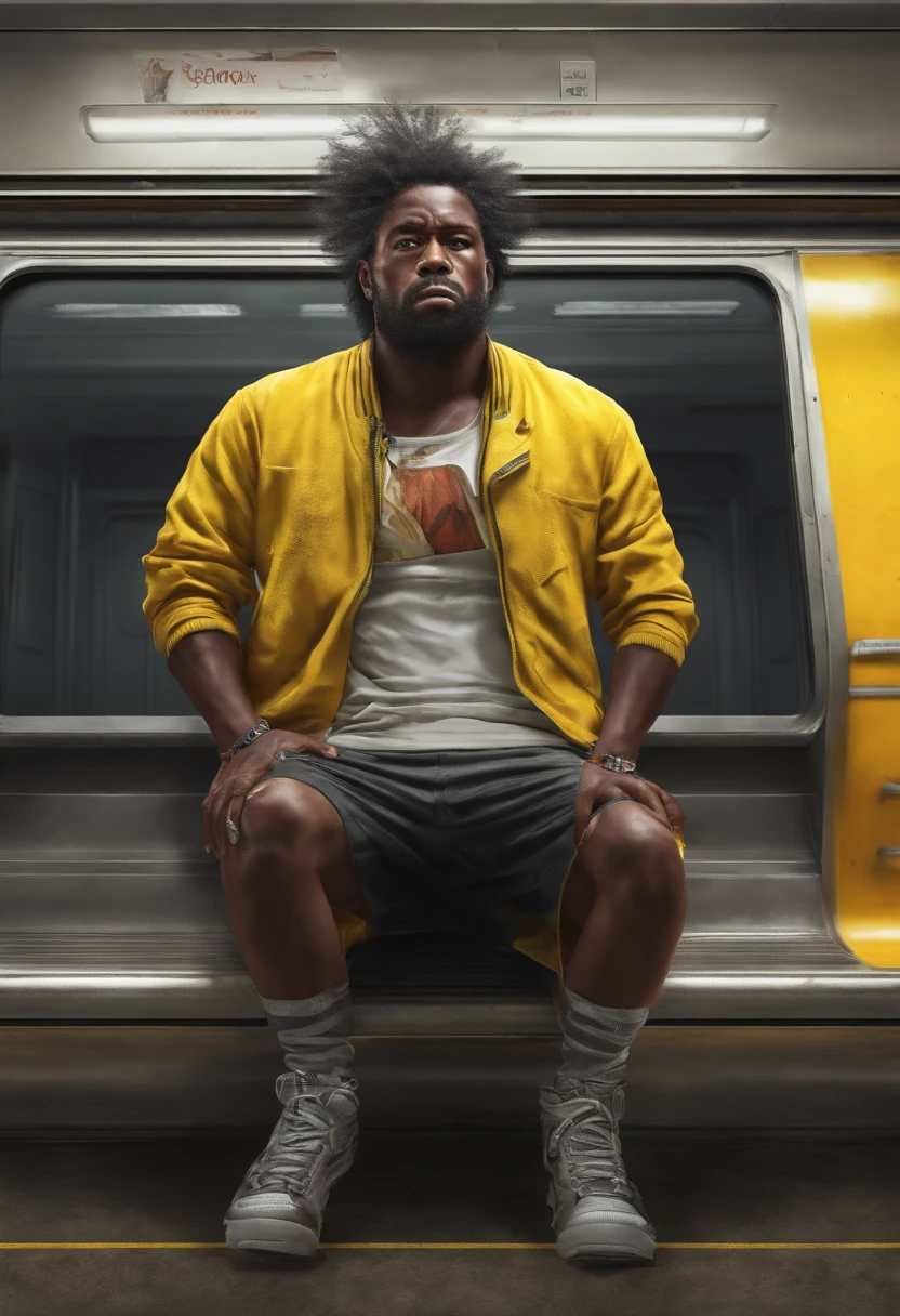 homem negro, trinta anos, um metro e setenta, com 120 kilos, sad face expression, sedentary, standingn, vestido com camiseta vermelha e bermuda amarela