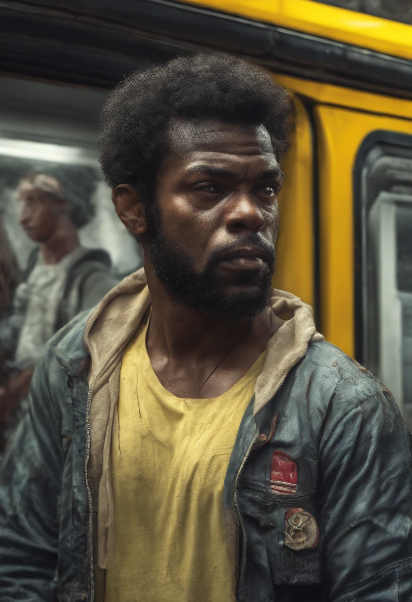 homem negro, trinta anos, um metro e setenta, com 120 kilos, sad face expression, sedentary, standingn, vestido com camiseta vermelha e bermuda amarela