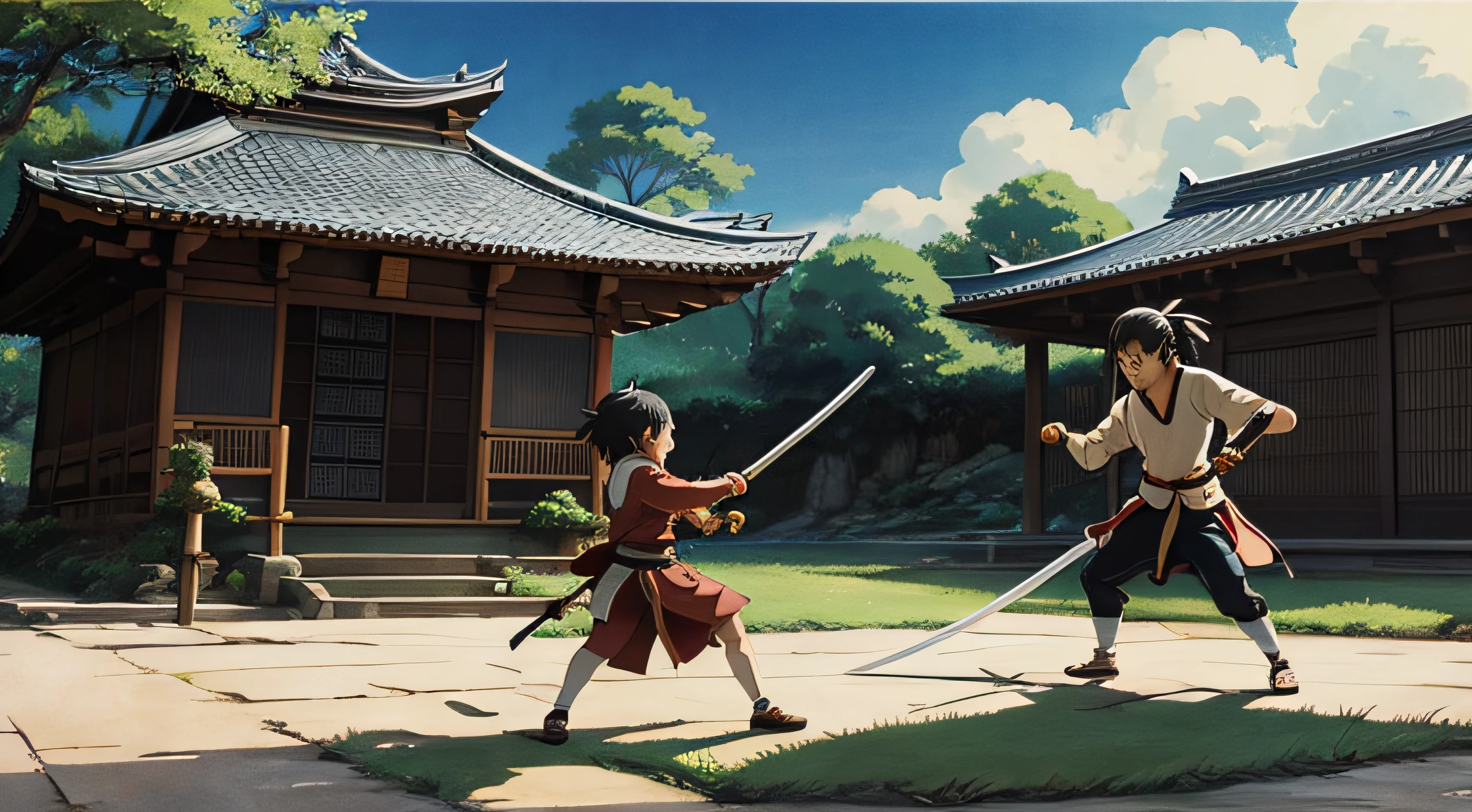 Miyamoto Musa in a sword battle, manga style drawing, Studio Ghibli