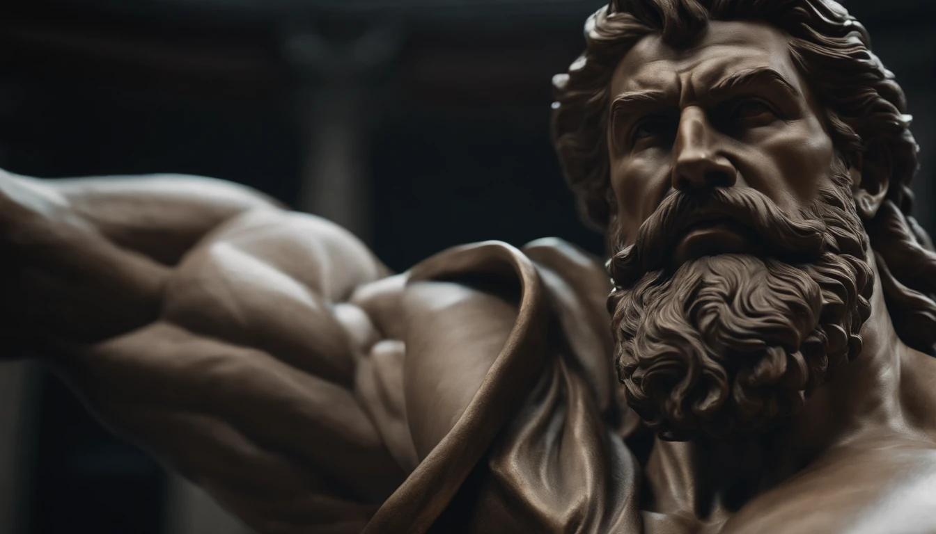 close up of a statue of a man with a beard, a statue inspired by Exekias, featured on zbrush central, digital art, statue of hercules looking angry, muscular character, realistic 8k bernini sculpture