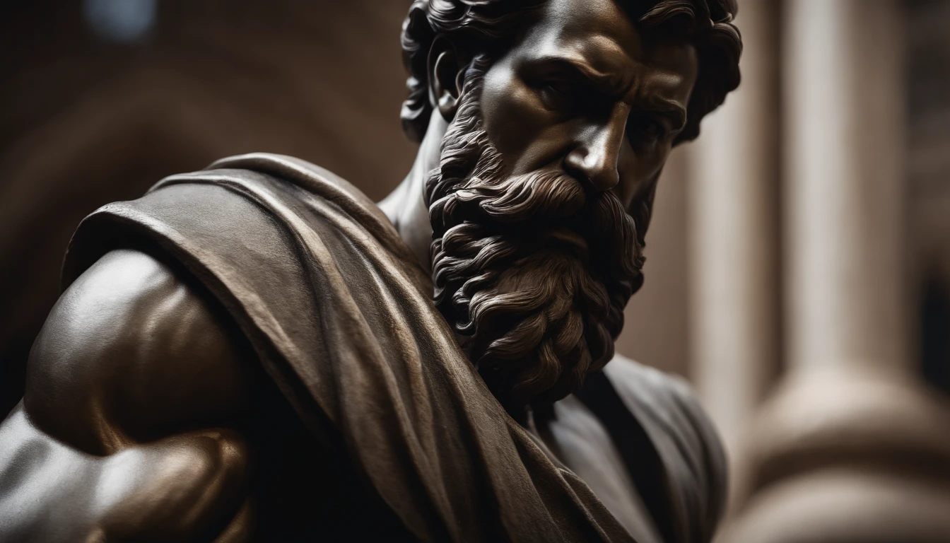 close up of a statue of a man with a beard, a statue inspired by Exekias, featured on zbrush central, digital art, statue of hercules looking angry, muscular character, realistic 8k bernini sculpture