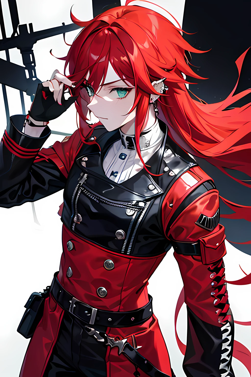 Create a vivid and detailed image of a young male high school character with striking long red hair cascading down their back. Their piercing emerald green eyes hold an air of mystery and intrigue. The character sports lip, nose, and ear piercings, each one reflecting their alternative style. Dressed in a unique punk techwear outfit, the primary colors are a bold combination of red and black. The attire features a plethora of accessories, including extra belts, tassels, and embellishments that give it an edgy, avant-garde appearance. Capture the essence of their alternative and tech-infused style in every intricate detail, portraying a character that exudes confidence and individuality.
