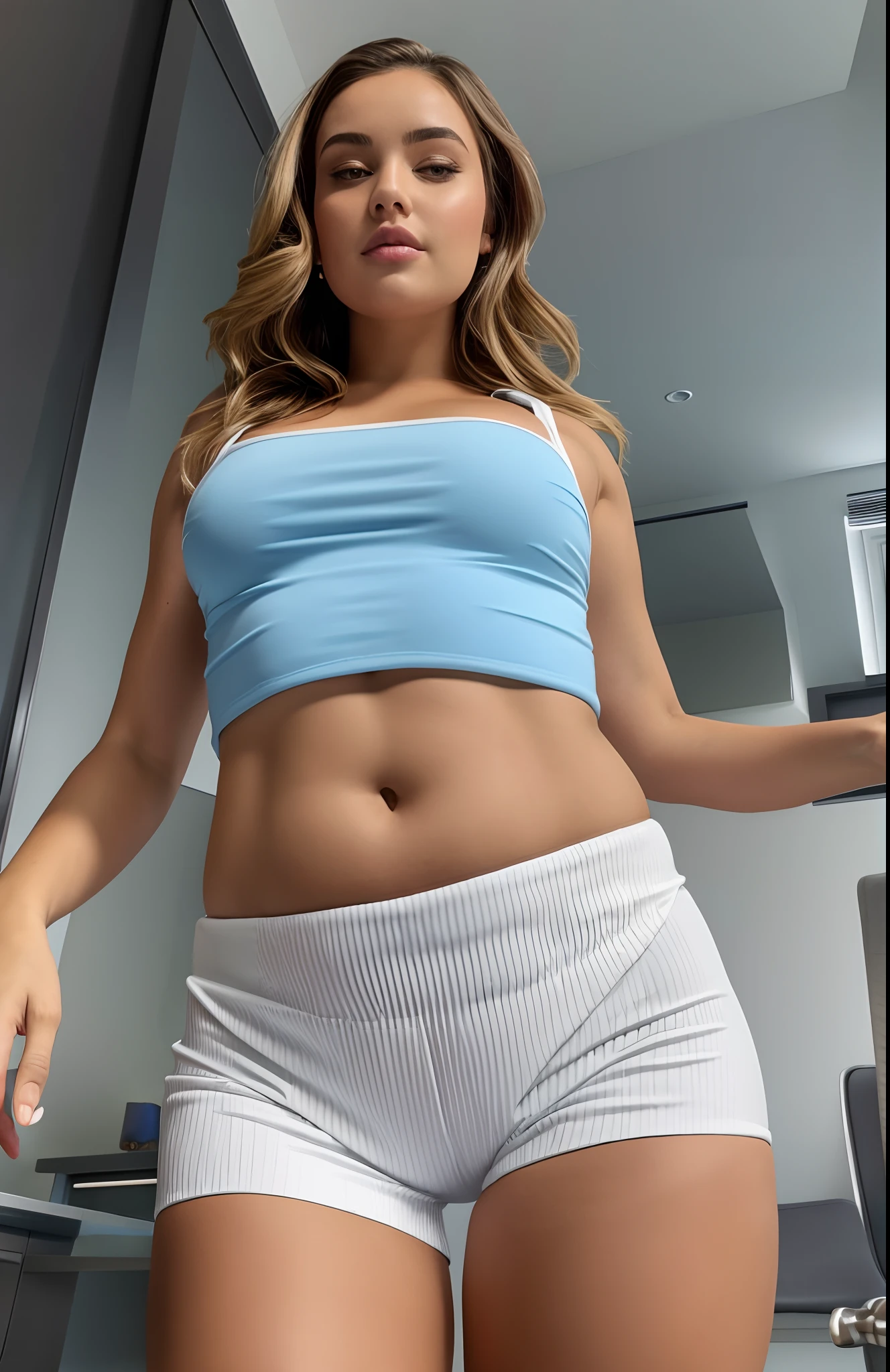 There's a woman in a blue top and white shorts, her navel is exposed, corpo sensual com barriga em forma e sexy, She has a fit and stiff belly, usando um top cropped sexy, umbigo mostrando, roupa apertada, corpo sexy, corpo quente sexy, corpo atraente, Coxas fechadas, her belly is fat and round, suado 4 k
