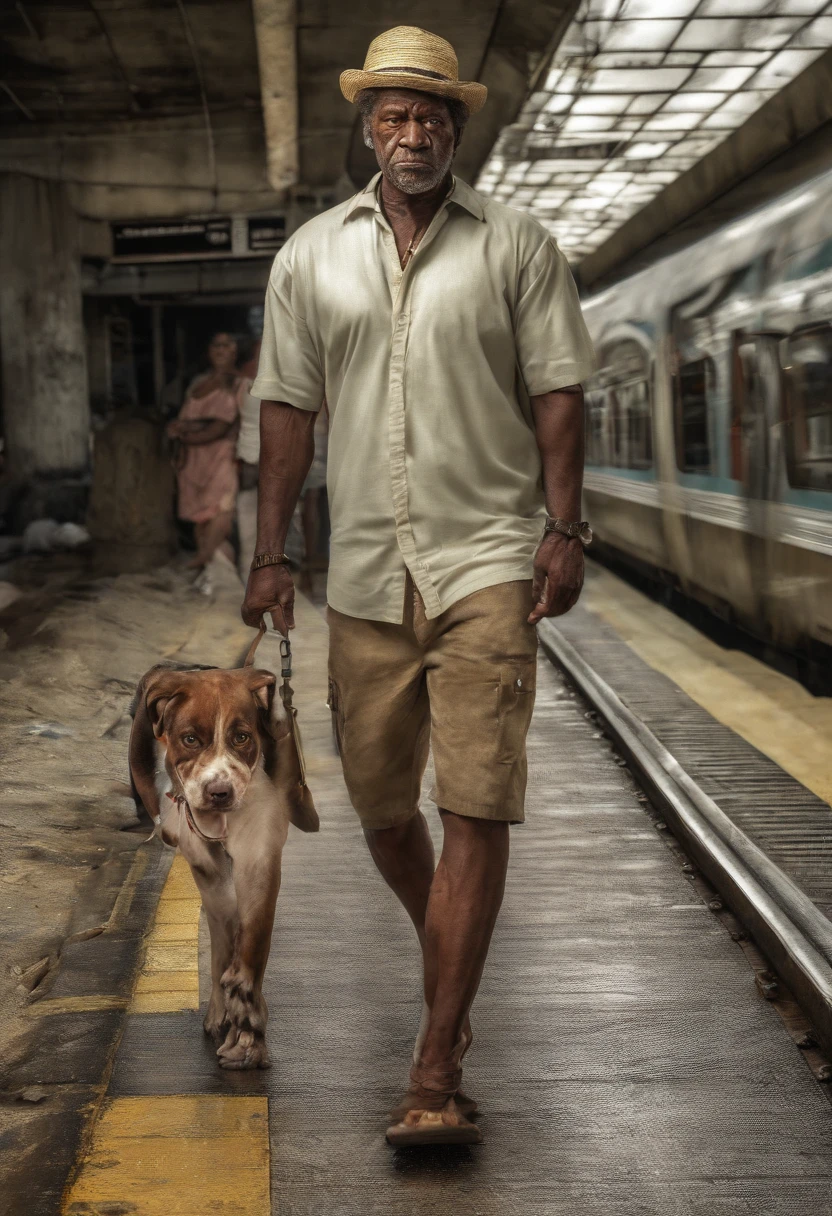 homem negro, trinta anos, um metro e setenta, com 120 kilos, sad face expression, sedentary, standingn, vestido com camisa vermelha, bermuda amarela, fundo praia