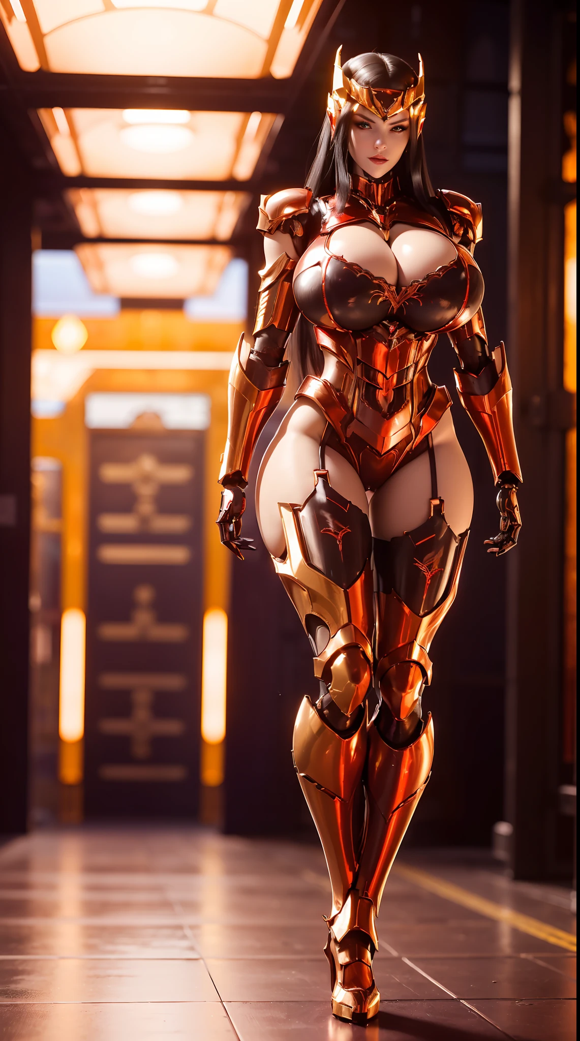 1GIRL, SOLO, (ssmile, makeup, beautifull eyes, red libs, black hair), (dragon mecha helm:1.2), (BIG BUTTOCKS, MUSCLE ABS, HUGE BOOBS:1.5), (MECHA GUARD ARM:1.3), (red), (MECHA CYBER SHINY ARMORED SUIT, NSFW CLEAVAGE, MECHA GUARD ARMOR LEGS, HIGH HEELS:1.5), (SLENDER BODY, SEXY LONG LEGS, FULL BODY:1.4), (LOOKING AT VIEWER:1.3), (WALKING DOWN HALLWAY OF FUTURISTIC SPACE STATION:1), (BRIGHT LIGHTING:1.3), PHYSICALLY-BASED RENDERING, ULTRA HIGHT DEFINITION, 16K, 1080P.