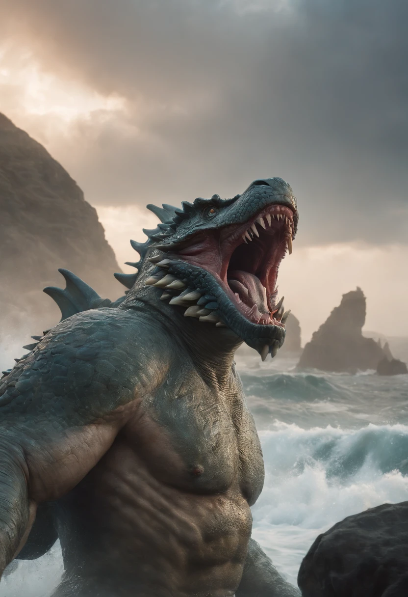 image of Perseus in an epic setting, fighting a ferocious sea monster to rescue Andromeda, who is in danger. The scene must convey the intensity of the combat, Perseus's bravery and Andromeda's vulnerability.