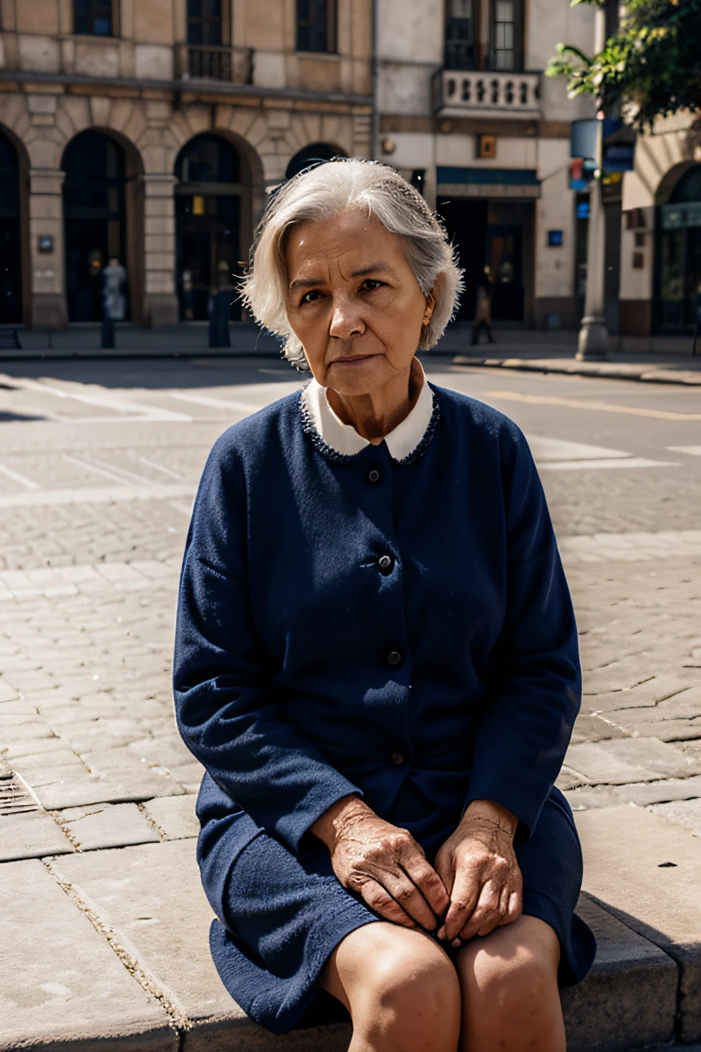 An old woman sitting in the square, cinematic, in high definition