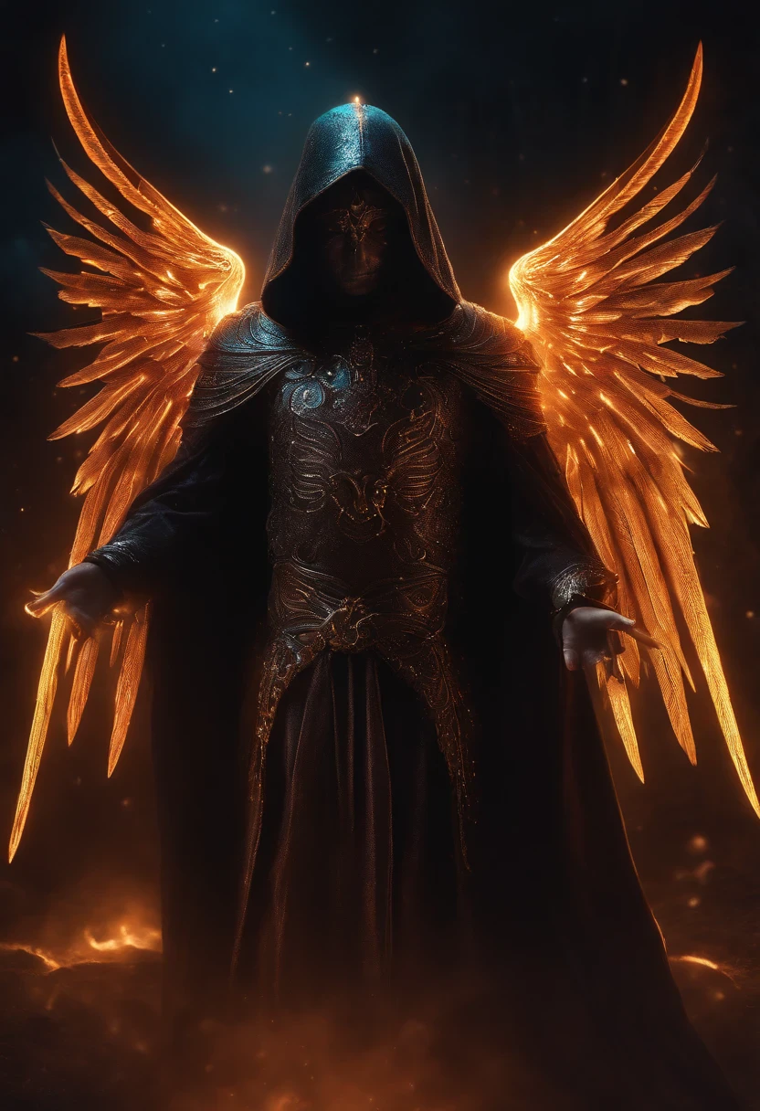 Cosmic Fallen Angel, glowing light eyes, Biomechanical, eerie, Creepy, nightmarish, Very bright colors, Light particles, with light glowing, Mshiff, wallpaper art, UHD wallpaper, anakil skywalker, years, medieval clothes