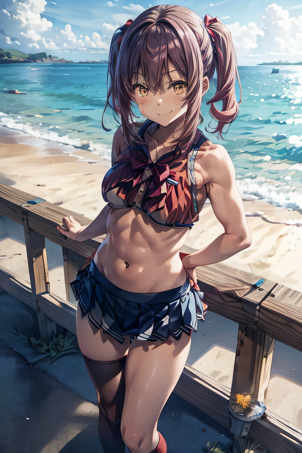 1 girl, only girl, solo, ((Ichika Amasawa)), hair a little long, mangita-colored hair, pigtails, ((very short bikini))), barefoot, red ribbons in her hair, yellow eyes, good anatomy, 2 perfect hands, 2 (((perfect and muscular legs))), thin waist, muscular abdomen, Looking at the viewer, smile, standing, full body photo, on the beach
