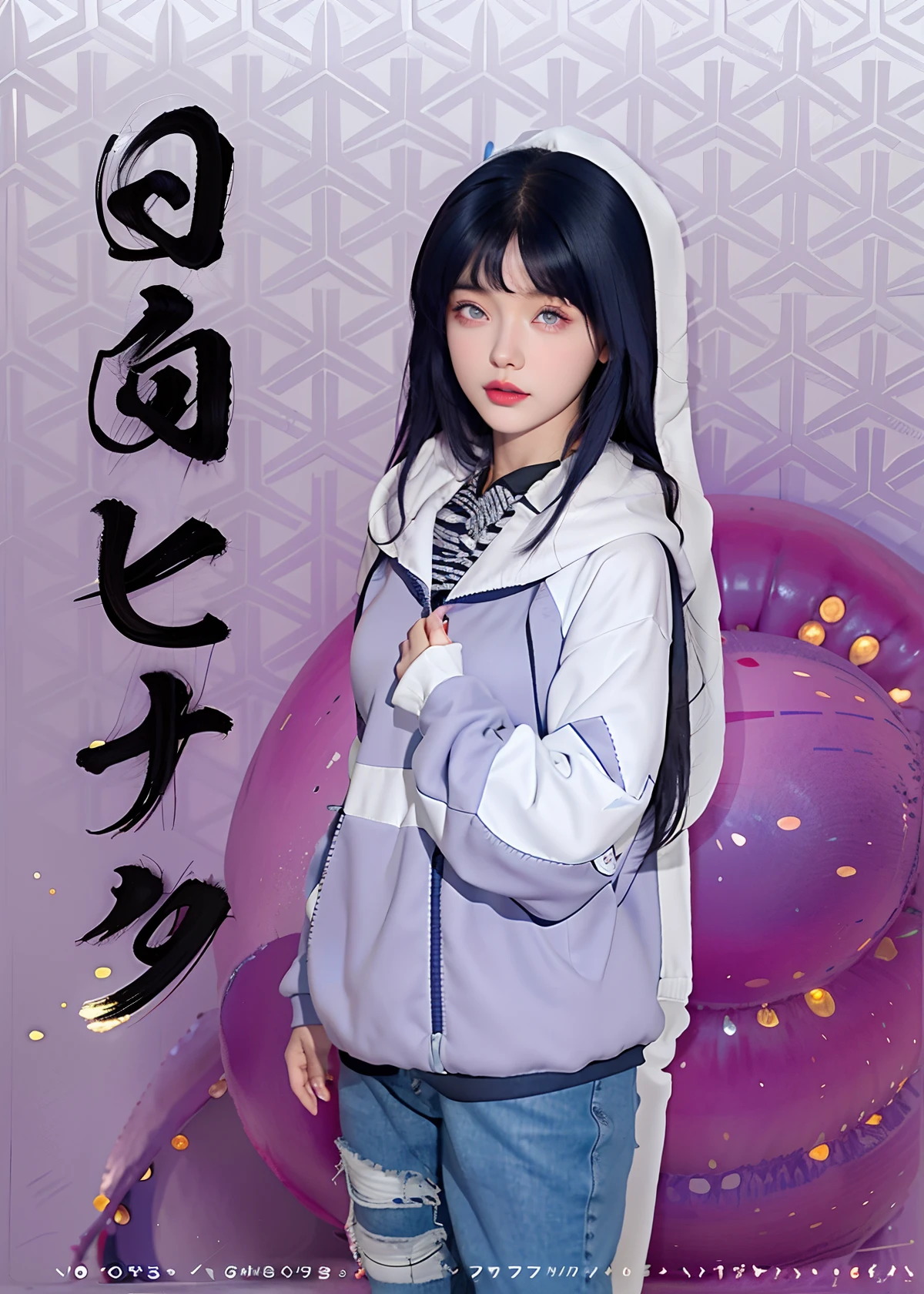 full body ground shot of futuristic technologic scifi shiny hooded armored white cyan and triadic colors hooded cyborg ninja south american xxmixgirl, mechanical arms detailed face hoodie techwear plate armor photoshoot in urban cyberpunk full moon night background, cherry blossom blowing from trees, 8k, hyperdetailed masterpiece cinematic, atmospheric cyberpunk stunning, guerilla group street fashion (art by Yoji Shinkawa Yoshitaka Amano ), full body, detailed, realistic, 8k uhd, high quality, professional color grading, soft shadows, no contrast, clean sharp focus, ground shot, side view