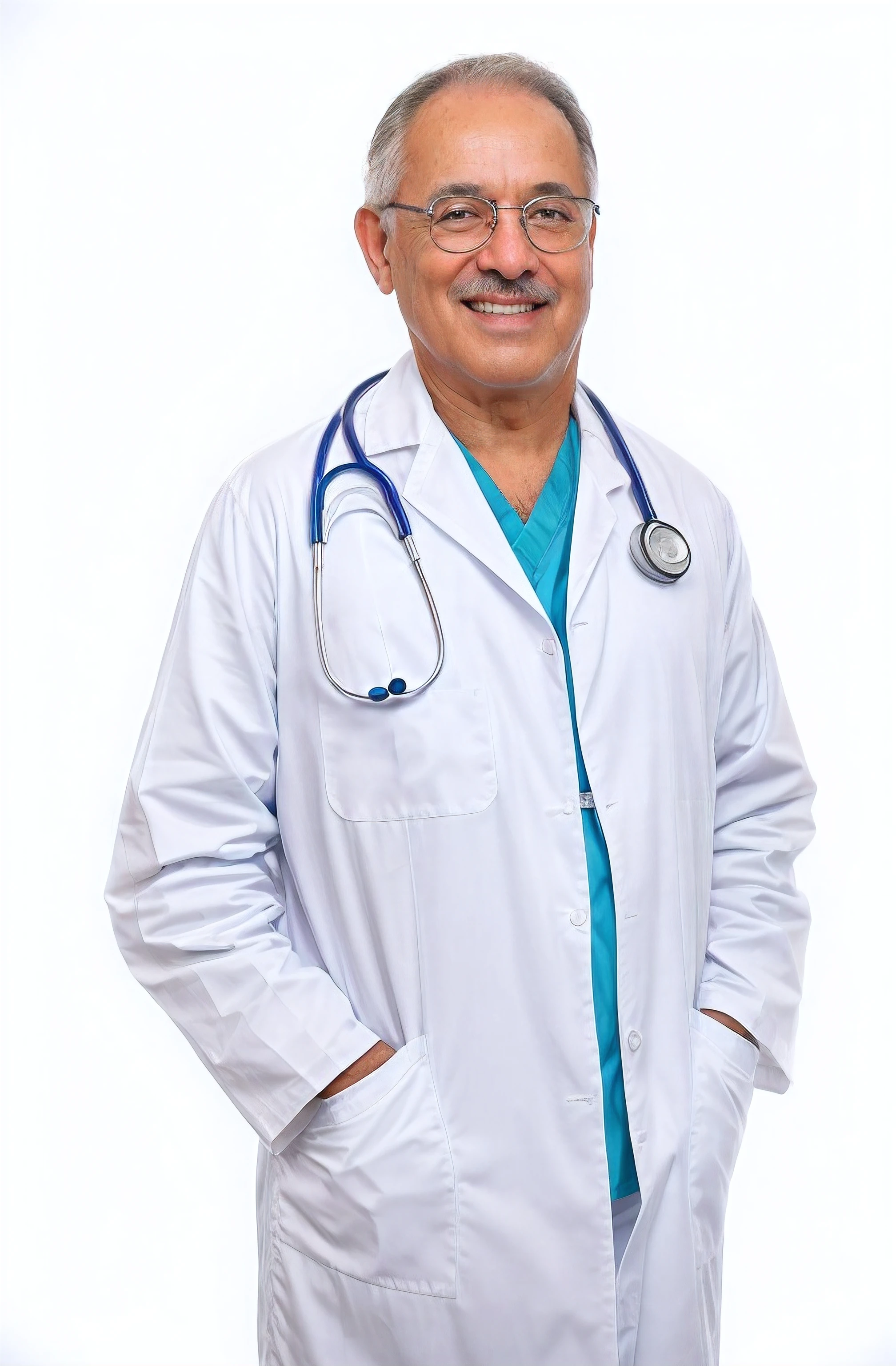 70-year-old doctor with stethoscope wearing white lab coat, com tshirt azul marinho por baixo, com oculos e bigode, cabelo grisalho, Foto RAW, amazing photography, melhor qualidade, 8k, alta qualidade, ultra detalhado, (melhor qualidade), (pele altamente detalhada, Afiado completo:1.2), 8k UHD, DSLR, Rosto detalhado