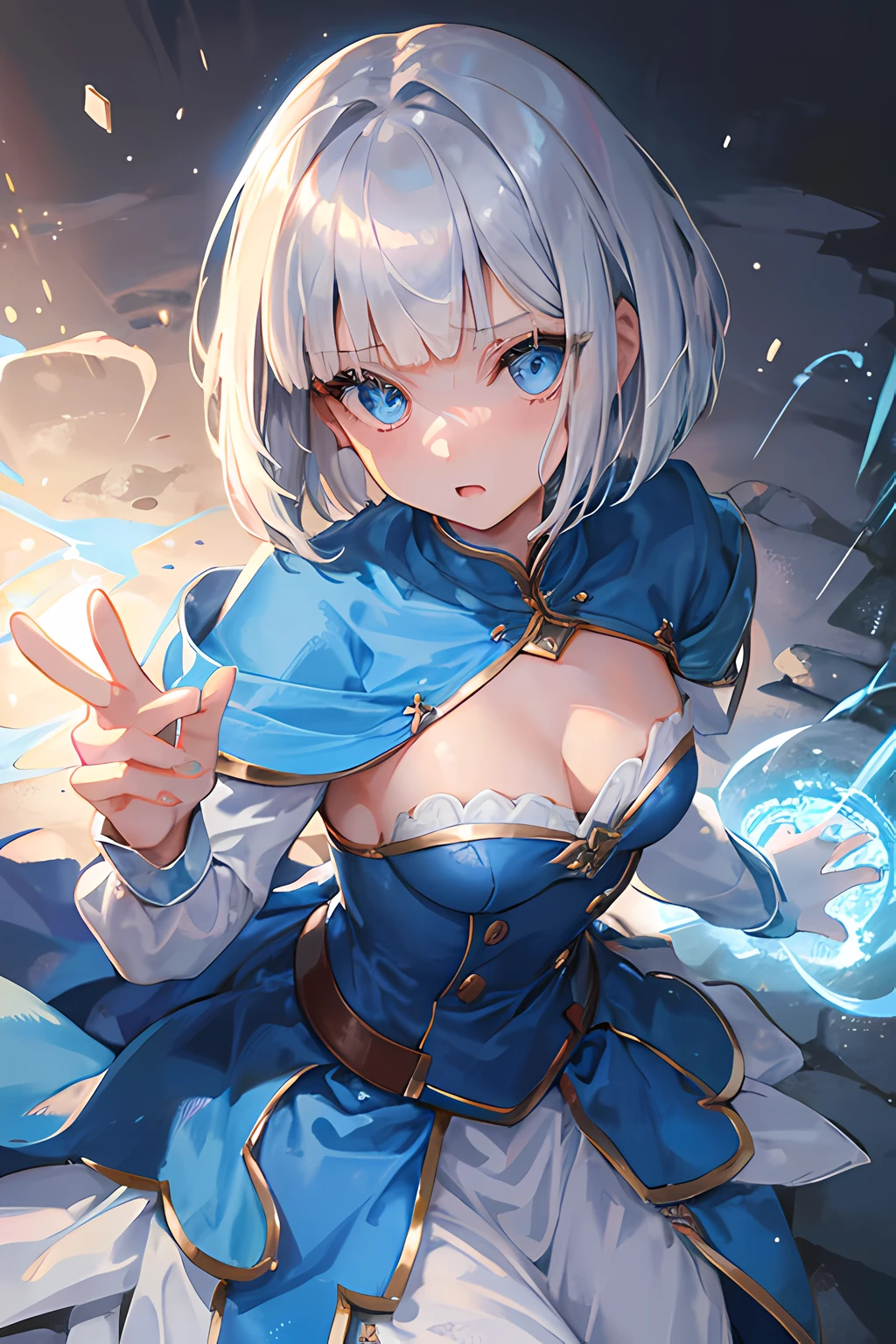 1girl, silver hair, bob cut hair, blunt bangs, light blue eyes, bright and clear eyes, kind, cheerful, magic talent, popularity, physical weakness, unreliable, cowardice, crybaby, small breasts, cleavage, blue and white uniform, blue cloak, light and sturdy uniform, castle, middle age, fantasy,