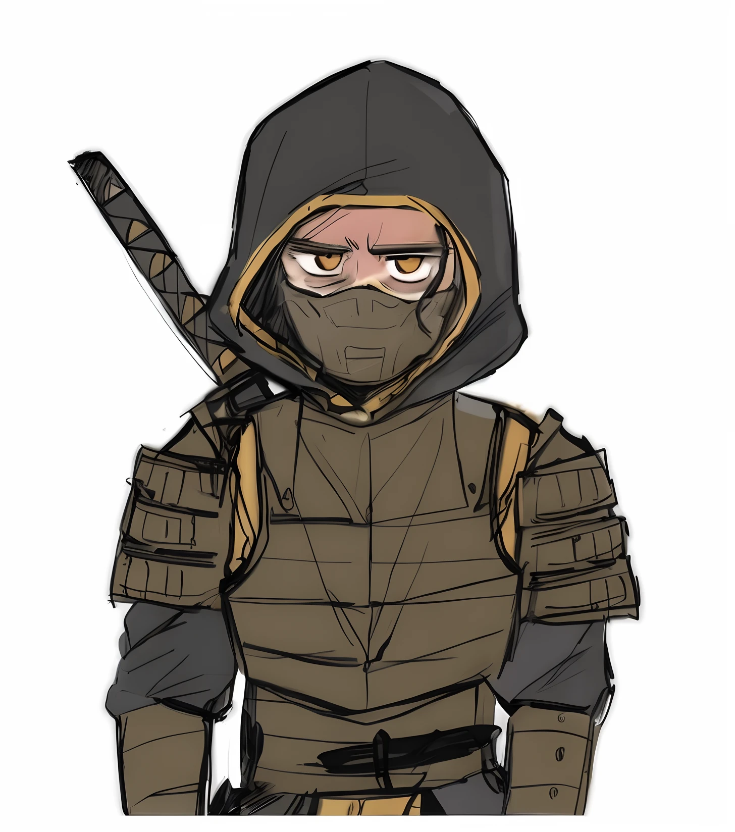 a drawing of a man in a hood and a mask holding a sword, inspired by Kanō Hōgai, inspired by Ryūsei Kishida, como um personagem de anime, um assassino adolescente ousado, inspired by Kawabata Ryūshi, sage ( valorant ), MK Ninja, como um caractere dnd, Posar, fundo laranja