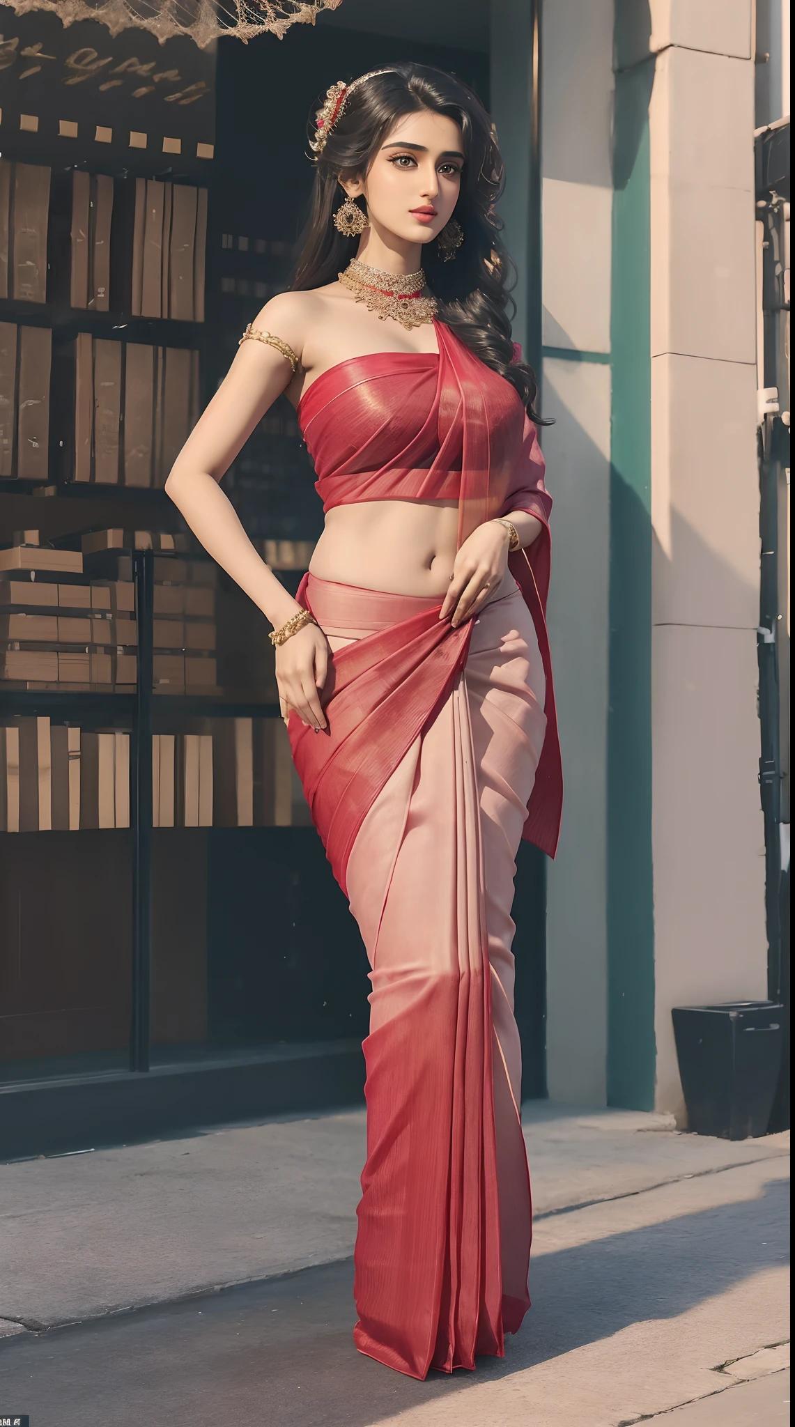 (full body shot:1.5), (Masterpiece:1.37), (Indian babe:1.5), (straight view, straight figure, wide angle pose, standing position:0.5), (inspired by disha patani), 1girl, solo girl, 18 year old girl, ultra realistic face, hyperrealistic, hyperdetailed, (looking at viewers:0.5), sharpen, detailed face, detailed eyes, detailed lips, red lips, beautiful face, 16k, FHD, UHD, raw photo, cute face mesh, pretty face mesh, girl in luxury office, beautiful hair style, tied hair, ((fancy net blouse), (beautiful Indian saree, fancy saree, ultra realistic saree, flared saree, pleated saree, embroidery saree), pleated pallu in saree, waistband belt in saree)), intricate, extremely detailed, (ball shape boobs, perky boobs, tight boobs, muscular perky boobs, close cleavage), (curvy hips), scattering surface, ultra realistic texture, smooth skin, realistic face, glow lip, glow face, very_high_resolution, perfect figure, beautiful curved body, fit body, (fancy high heel), fancy club hair ornament, (abs, muscular body, muscular shoulder, muscular neck), (beautiful goggles).