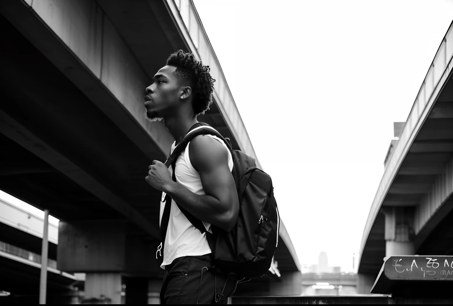 there is a man with a backpack standing under a bridge, a man wearing a backpack, with a backpack, the man have a backpack, shot on sony a 7, grainy monochrome photo, on the streets, photo in style of tyler mitchell, exploration, man walking through city, taken in the night, he is traversing a shadowy city