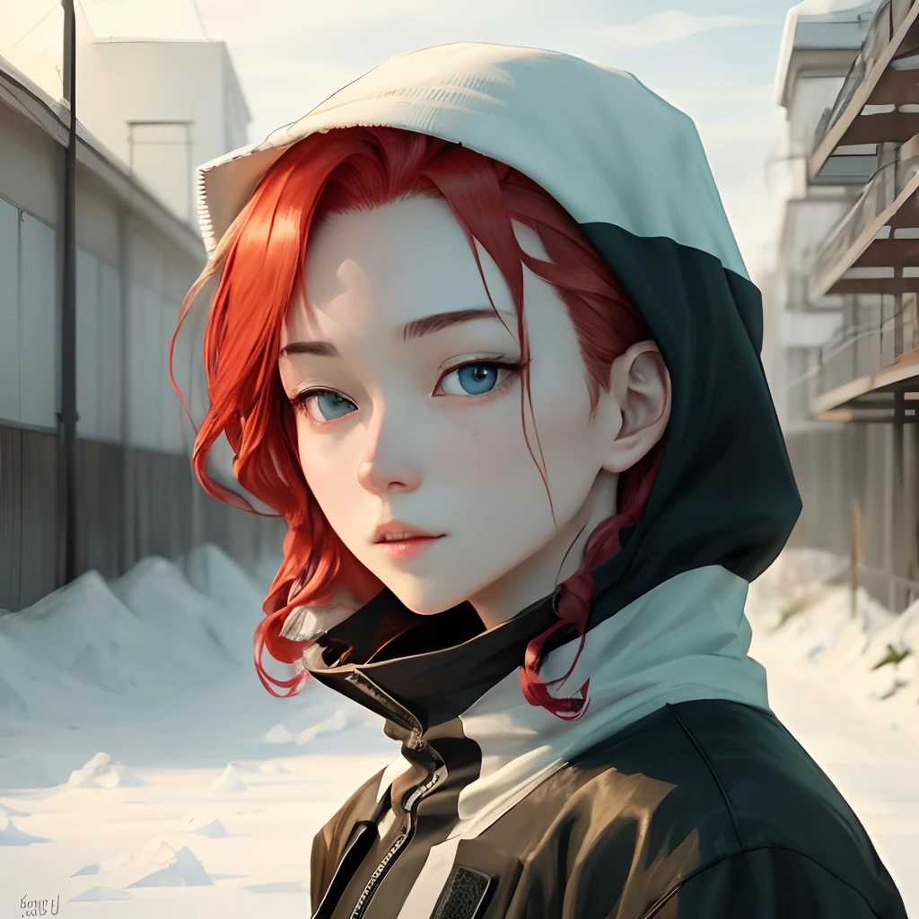 Jujutsu Kaisen, a girl with long dark softly curled cherry red hair, icy cold blue eyes, pale skin