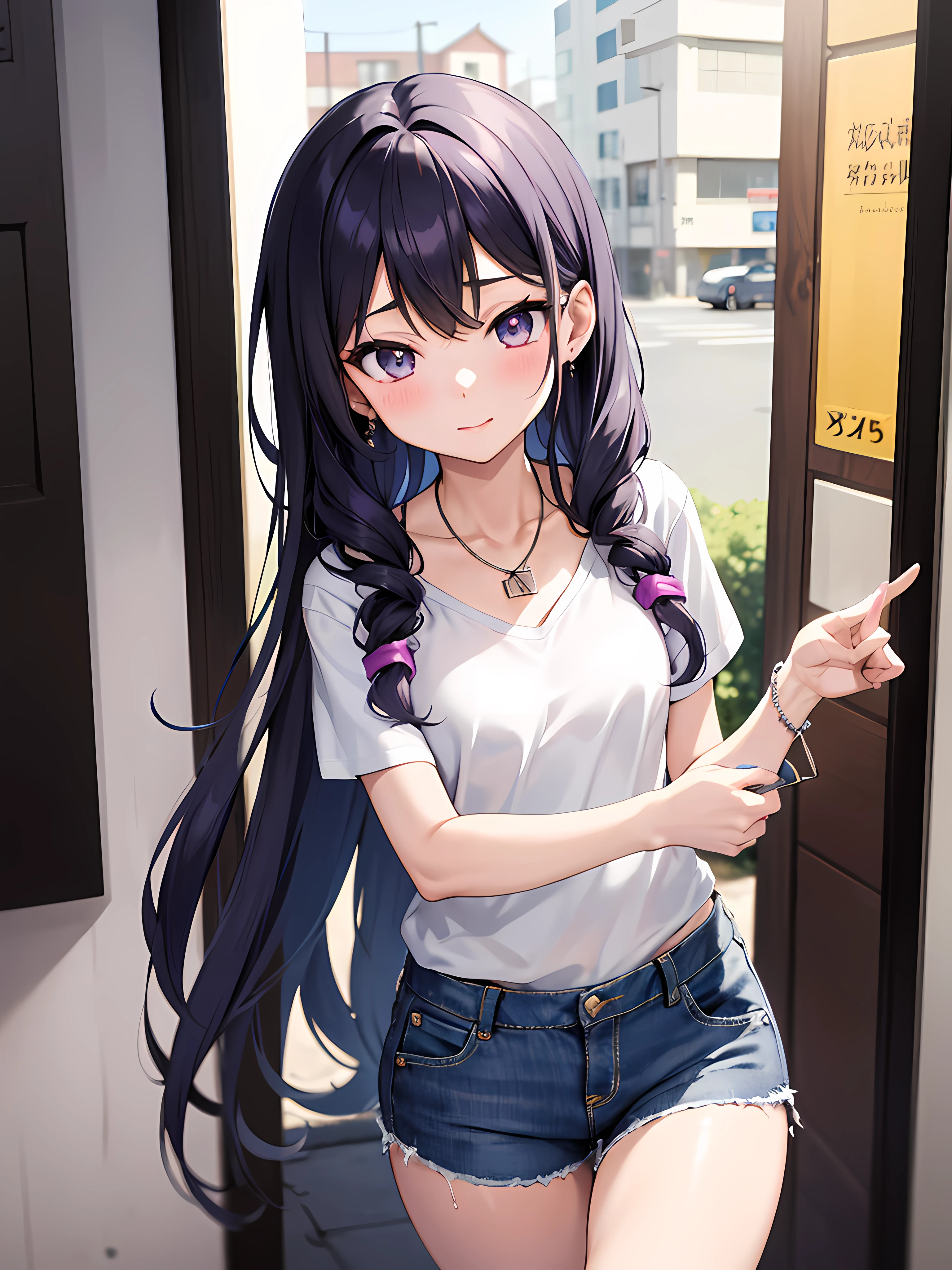 Anime-style image of Yui, a -yeld wia blend of adorable and sultry vibes. Her athletic frame, soft skin, and tight spiral-ringlet raven-black hair with shades of blue and purple showcase her youthful beauty. Her captivating hazel eyes, wearing a plain white shirt, and short denim shorts. She completes her look with an art pallet pendant and shimmering diamond stud earrings, small Japanese town/ city, absurdres, high res, ultrasharp, 8K, masterpiece, looking at camera