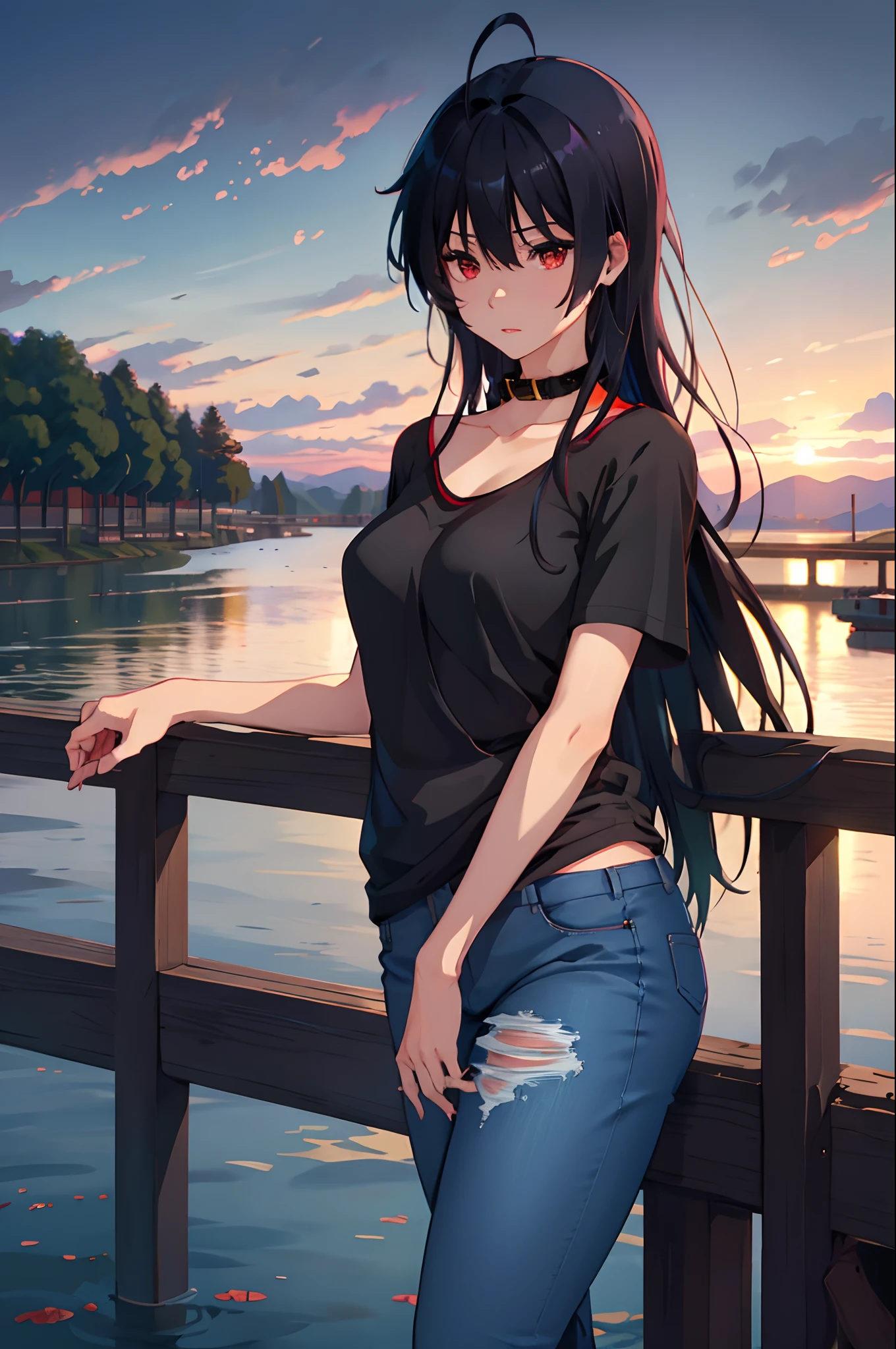 takanashi toka, highres, highest quallity, illustration,  ultra detailed, (detailed face), (detailed eyes), soft lighting, best quality, hyper detailed, masterpiece, 1girl, solo, long hair, black hair, red eyes, cowlick, collar, black t-shirt, denim, jeans, luminous eyes, medium breasts, (colorful), upper body, Waterview, lake, bridge, village in distance, japan, clouds, sky