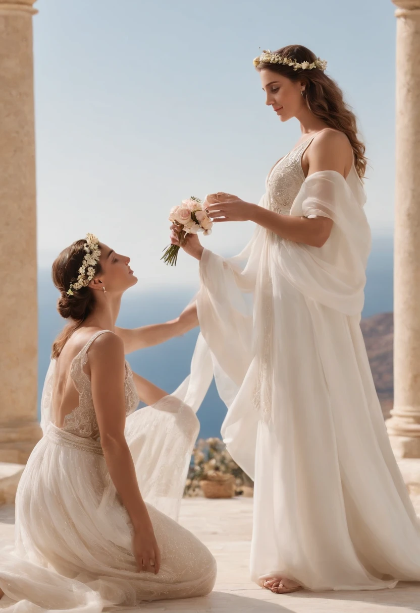 image that represents Perseus and Andromeda at their wedding, in a stunning setting on Olympus, surrounded by gods and mythological elements that symbolize their union. The Greek gods must be present, each contributing in some way to the celebration. For example, Zeus can cast rays of golden light, Aphrodite can cast rose petals, and Hermes can be present with his winged sandals. Showcase a heavenly, festive ambiance that reflects the grandeur of this magical moment in Greek mythology.