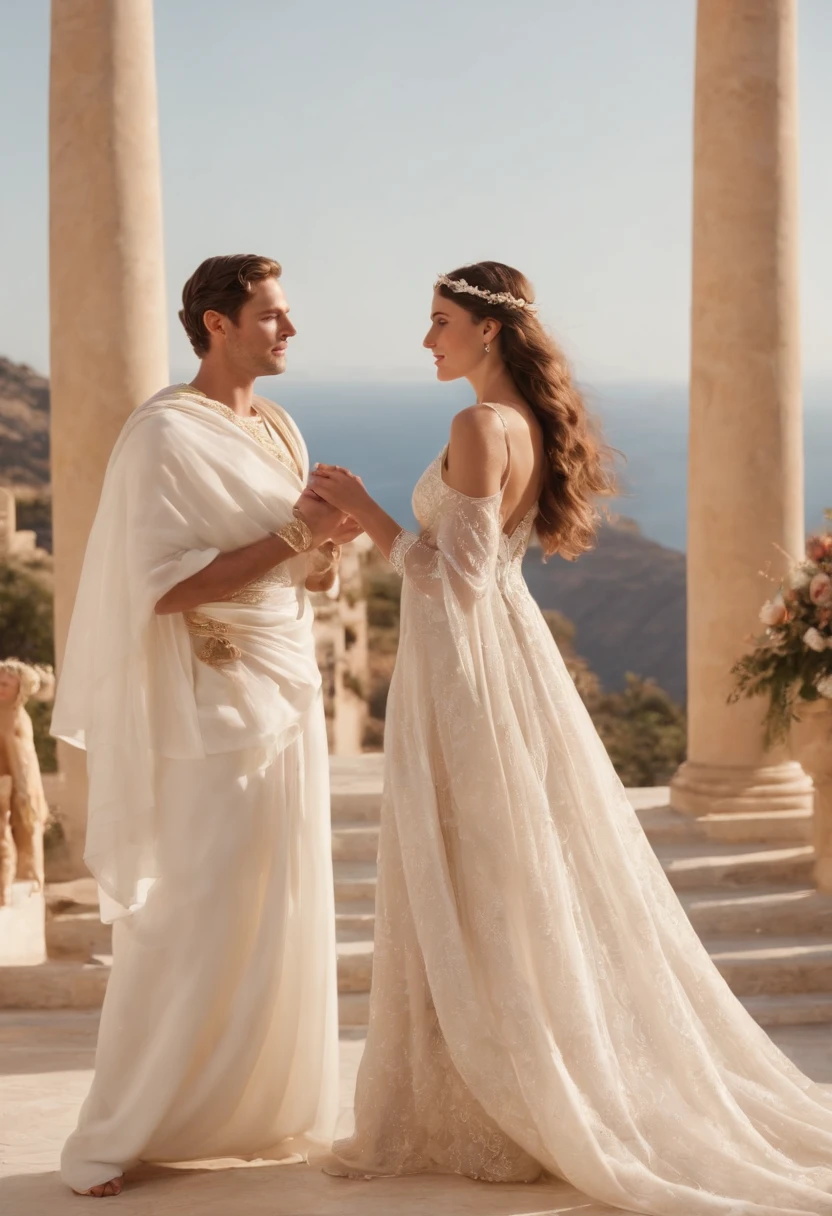 image that represents Perseus and Andromeda at their wedding, in a stunning setting on Olympus, surrounded by gods and mythological elements that symbolize their union. The Greek gods must be present, each contributing in some way to the celebration. For example, Zeus can cast rays of golden light, Aphrodite can cast rose petals, and Hermes can be present with his winged sandals. Showcase a heavenly, festive ambiance that reflects the grandeur of this magical moment in Greek mythology.