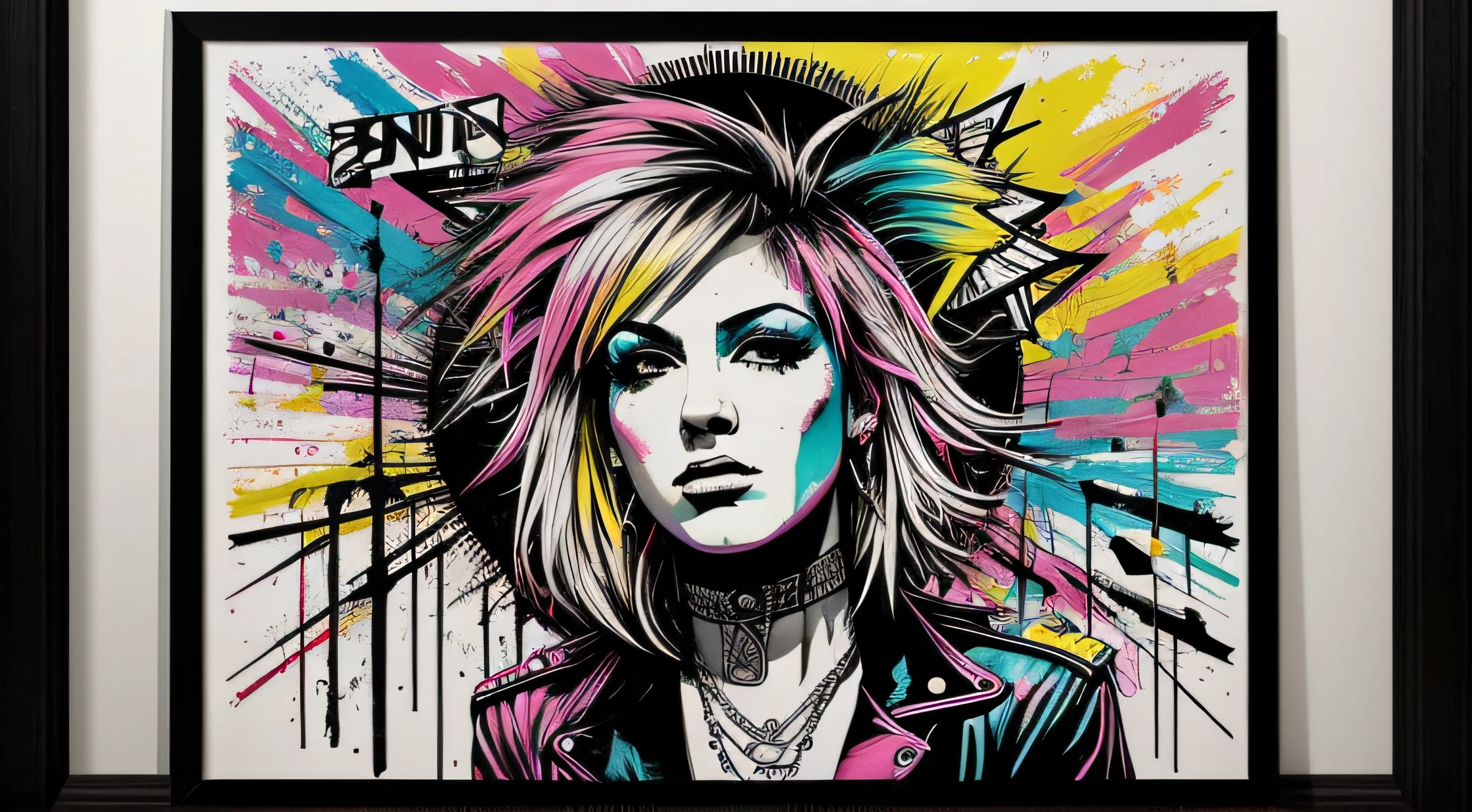 a Bansky style colorfull artwork painting celebrating punk rock, punk rock, punk rock art, sexy female punk girl, punk rock philosophy, punk rock colors ,punk symbols,