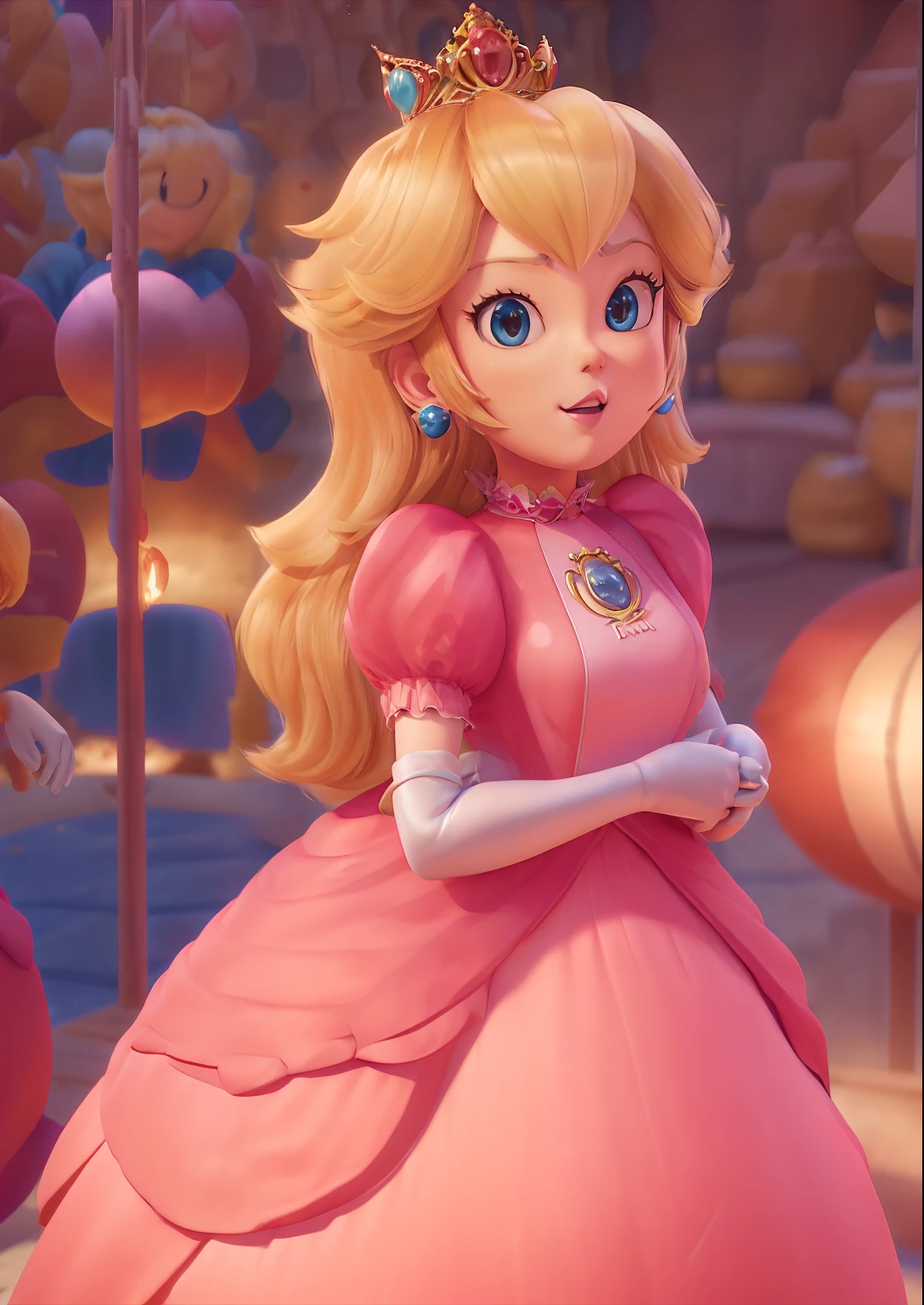 3D,3D render, global illumination, subsurface scattering, pixar style, Princess_Peach (wearing pink gown),, 1girl, blonde hair, seductive expression, sexy eyes, shiny skin, simple background