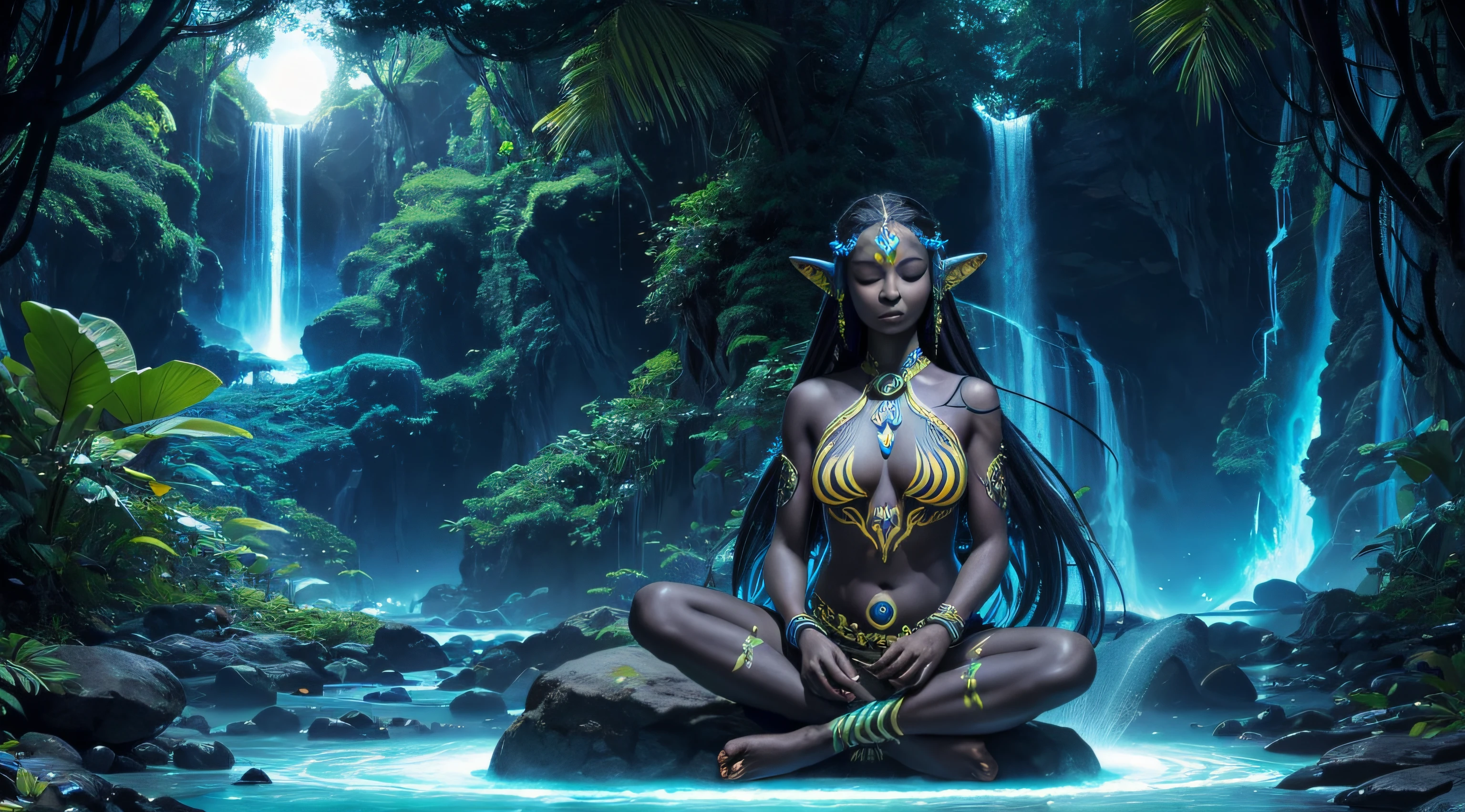 Avatar Na'vi alien girl, Pandora tropical Beach, black universe galaxy skin, hyper realistic, meditation, kundalini, ancient source energy, sun, flowers of all colors and shapes, cross-legged sitting, closed eyes, waterfall, magic circle, levitation