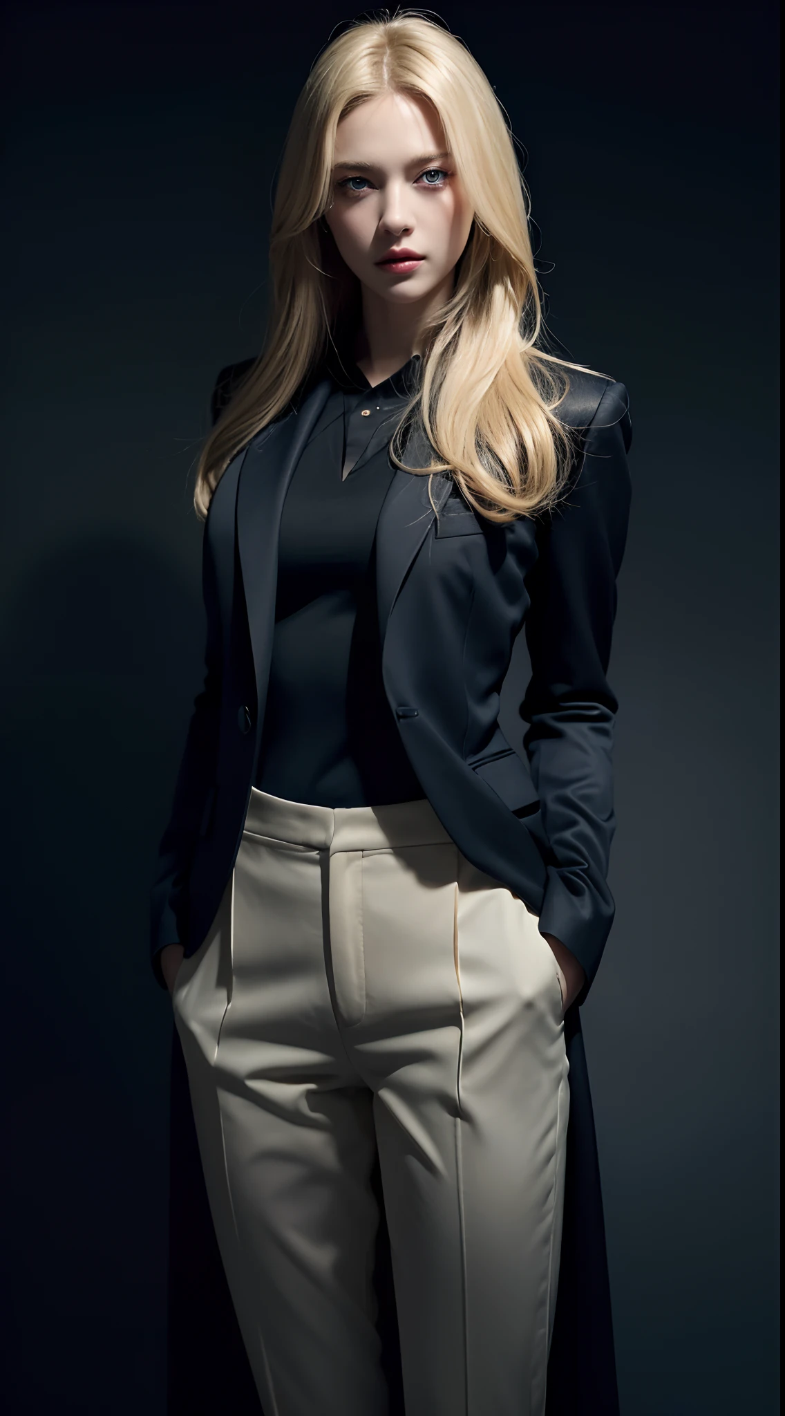 Best quality, masterpiece, ultra high res, (photorealistic:1.4), raw photo, 1girl, blonde hair, blue eyes, detailed eyes and face, black suit, dynamic lighting, in the dark, deep shadow, low key, cowboy shot full-lenght body