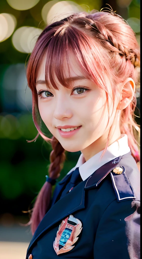 (ultra-detailliert), police uniform with、Blue eyes,The upper part of the body、a closeup、faces、(A smile:1.5),(facing front:1.2), sixteen years old, teens girl,no tail,(no tail),2D, masterpiece, top-quality, animesque, A detailed eye, A detailed face, girl with, Only 1 person,Medium hair with pink hair, (Pink hair), Ear Hair, small tits, Single braid, (Single braid), (Side braid), Background bokeh
