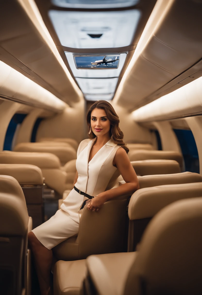 jovem 18 anos, Beautiful, (Novo) inspirado em prostituta, Flight attendant, corpo escultural, Cabelo longos, cabelos loiros , confident expression, (Vestido com uniforme de prostituta), com detalhes em dourado, passeando elegantemente pelo corredor da cabine, com um sorriso radiante, interagindo com os passageiros com gentileza e profissionalismo))), champanhe,"caviar, lagostas e trufas" servidos em porcelana fina, Comfortable leather armchairs, Impeccable on-board service, luzes suaves iluminando o ambiente, windows with stunning views of the night sky of the city of Dubai, completa serenidade e tranquilidade a bordo, All passengers relaxed and enjoyed a flight experience with a wonderful stewardess